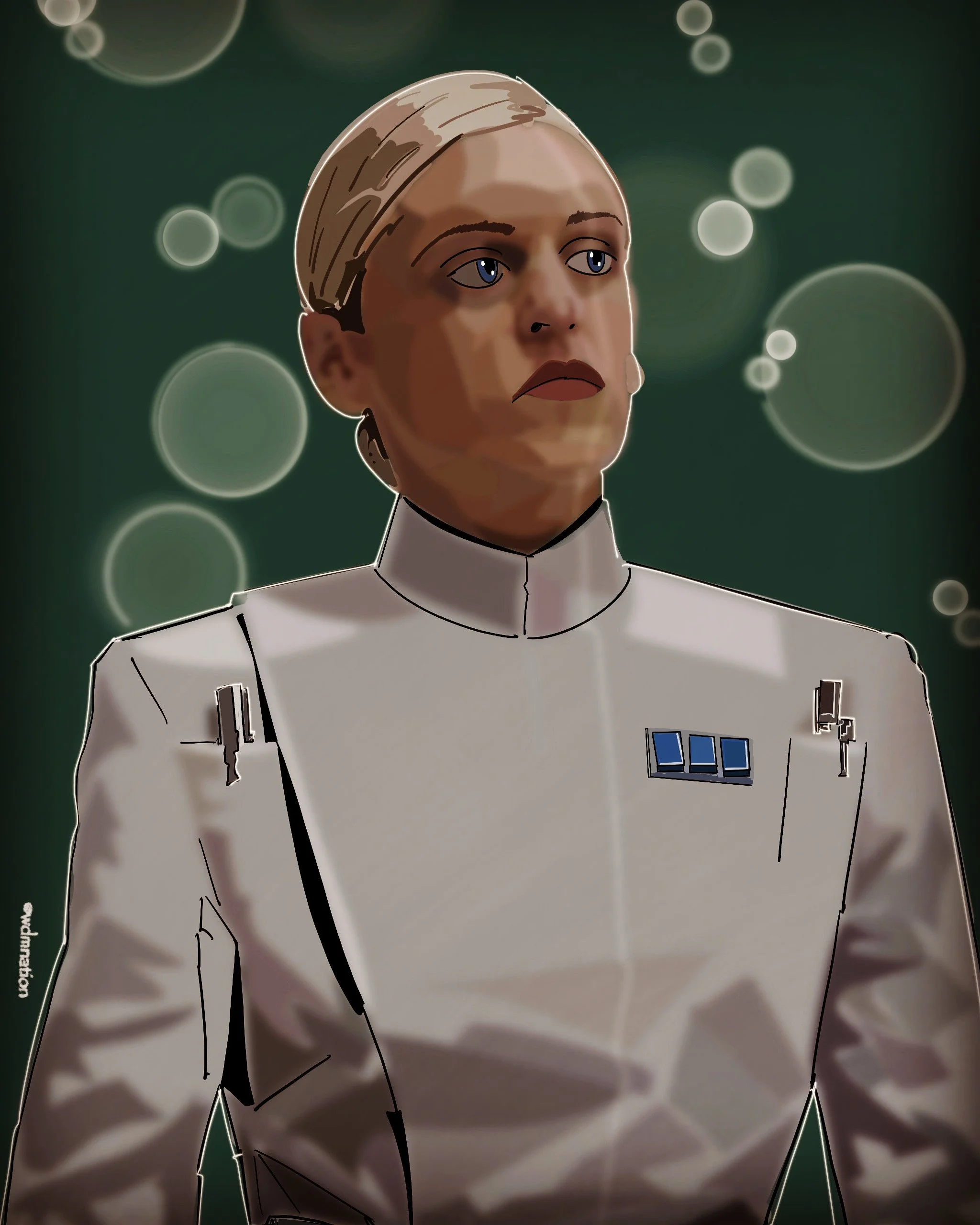 A digital illustration of a female character in a white uniform with medals, looking serious, with a green background and glowing circles.