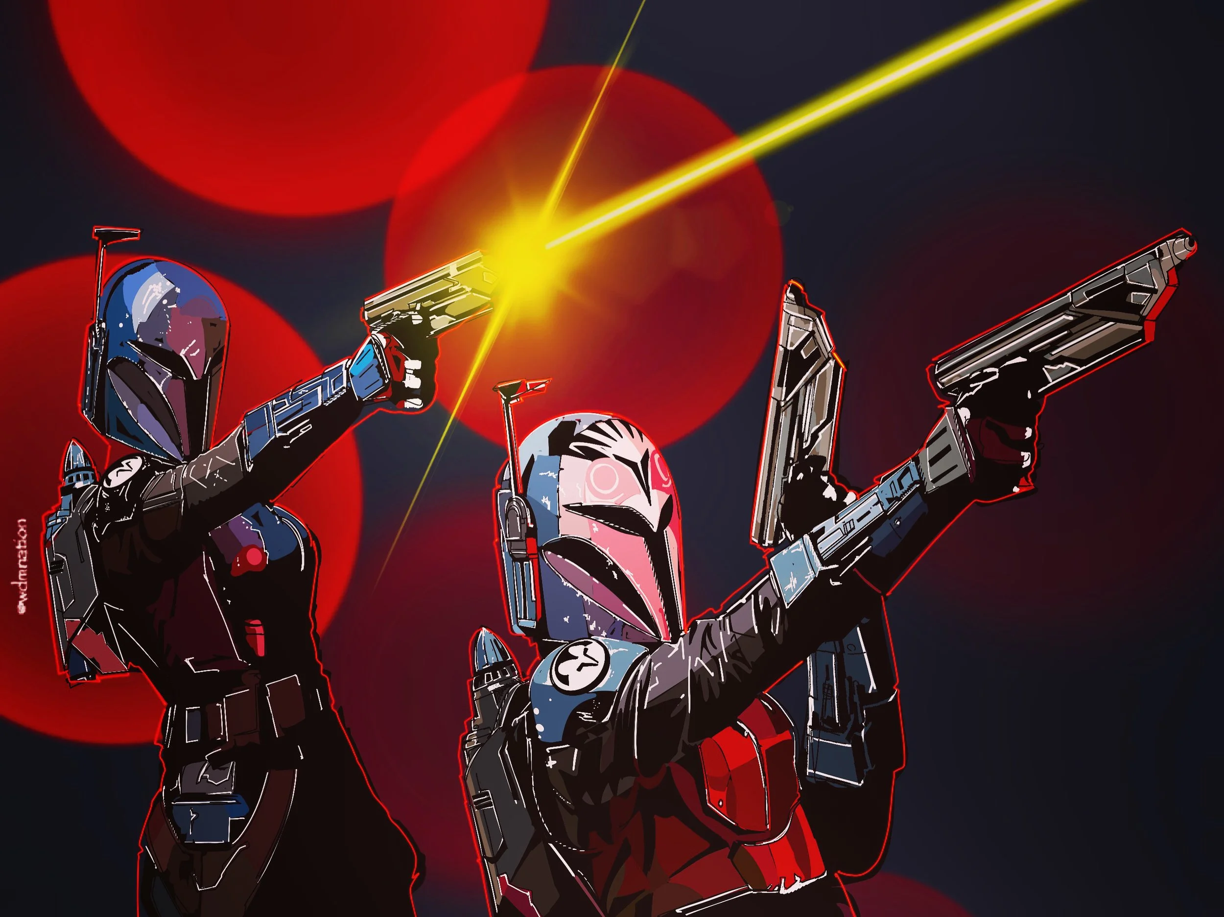Two cartoon-style characters in black armor and helmets, each holding a gun and firing it. The background features red and dark colors with bright yellow laser-like light beams.