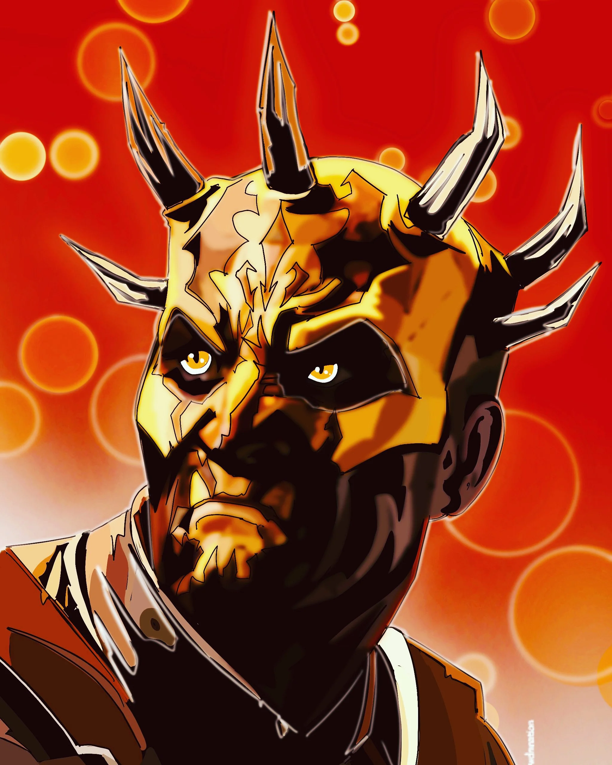 Digital art of a character with a fierce expression, golden and black face paint, and horn-like protrusions on the head, set against a red background with glowing orange circles.