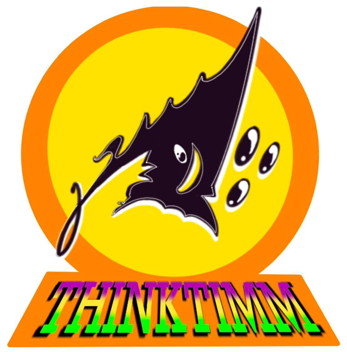 A cartoon depiction of a black bat with a smiling face and four white eyes, flying in front of a yellow circle with an orange border. Below, the word 'THINKTANK' is written in colorful, stylized 3D text.