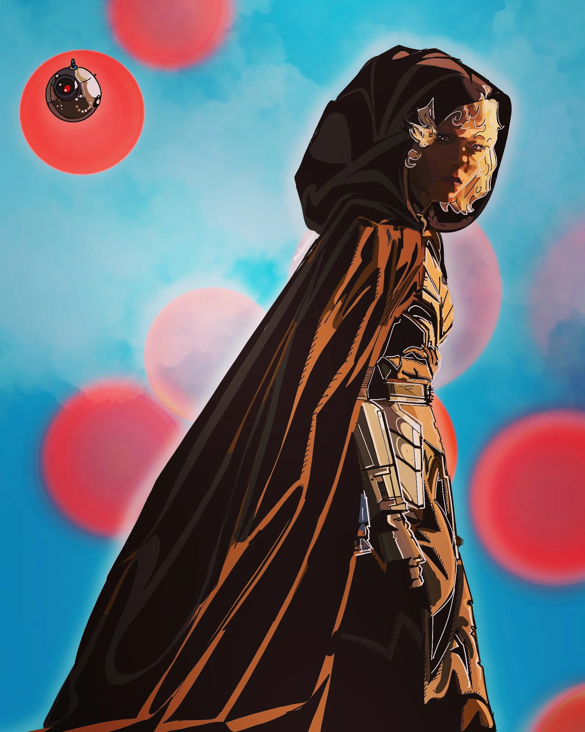 Stylized digital illustration of a figure wearing a brown and black cloak with a hood, carrying a gun, against a background with colorful bokeh circles.