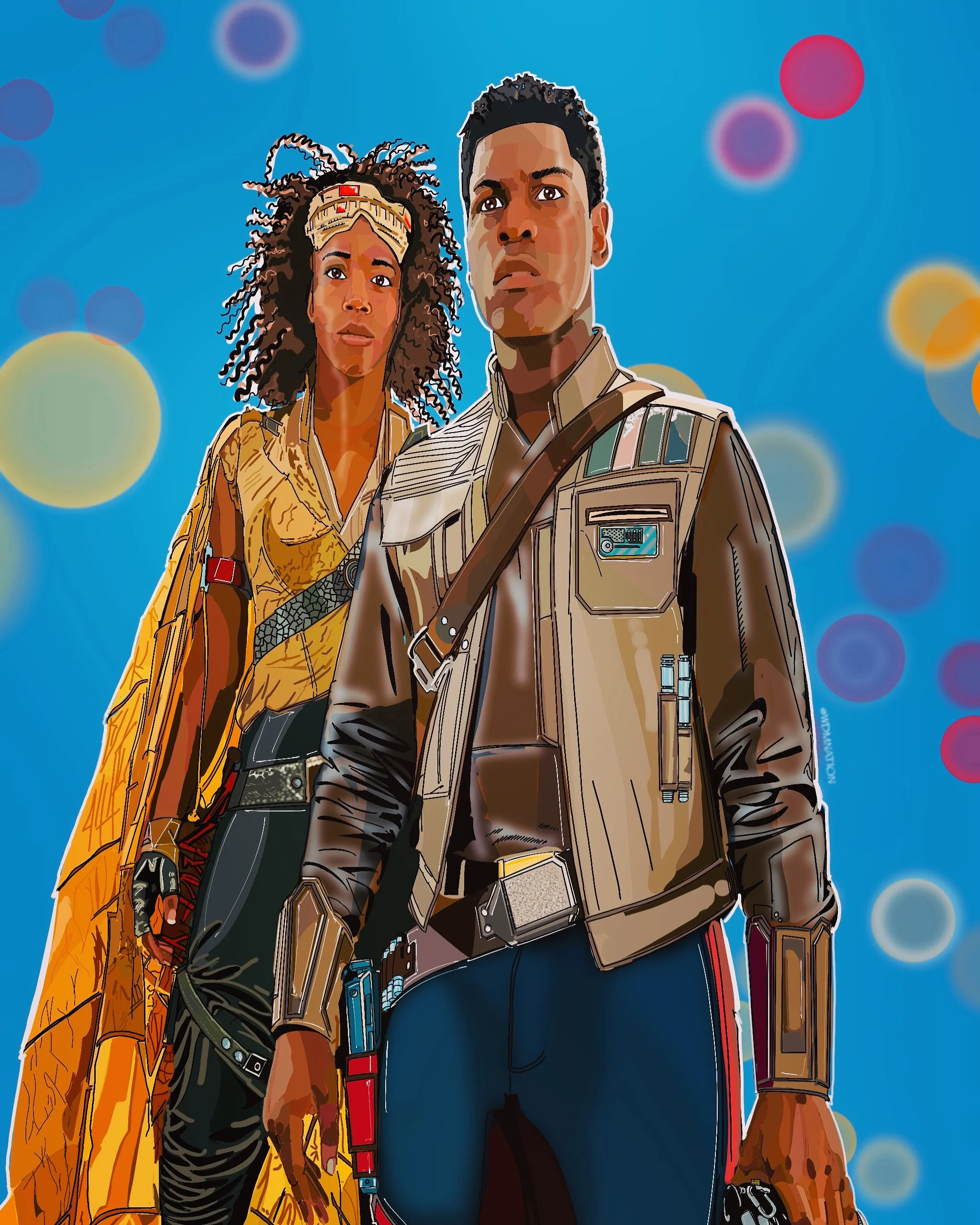 Animated illustration of two characters from Star Wars, a woman with curly hair and a man with short hair, both dressed in sci-fi costumes, against a colorful bubble background.