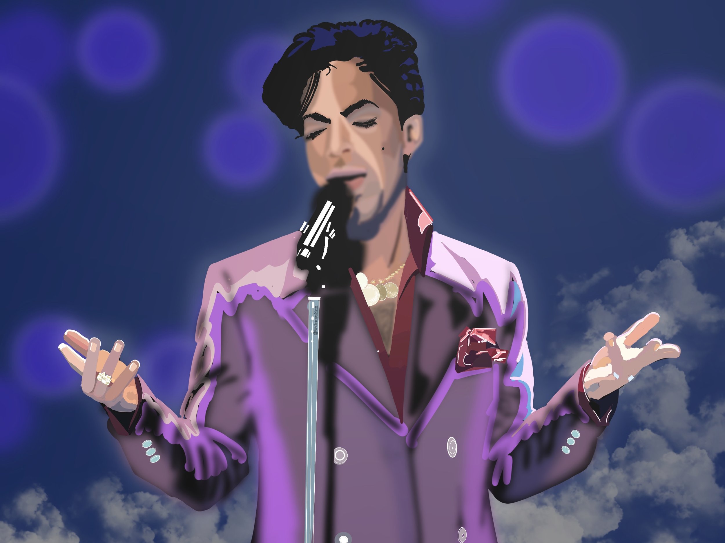 An animated depiction of a Prince with dark hair, closed eyes, holding a microphone, dressed in a purple suit, singing passionately against a cloudy sky with purple bokeh lights.