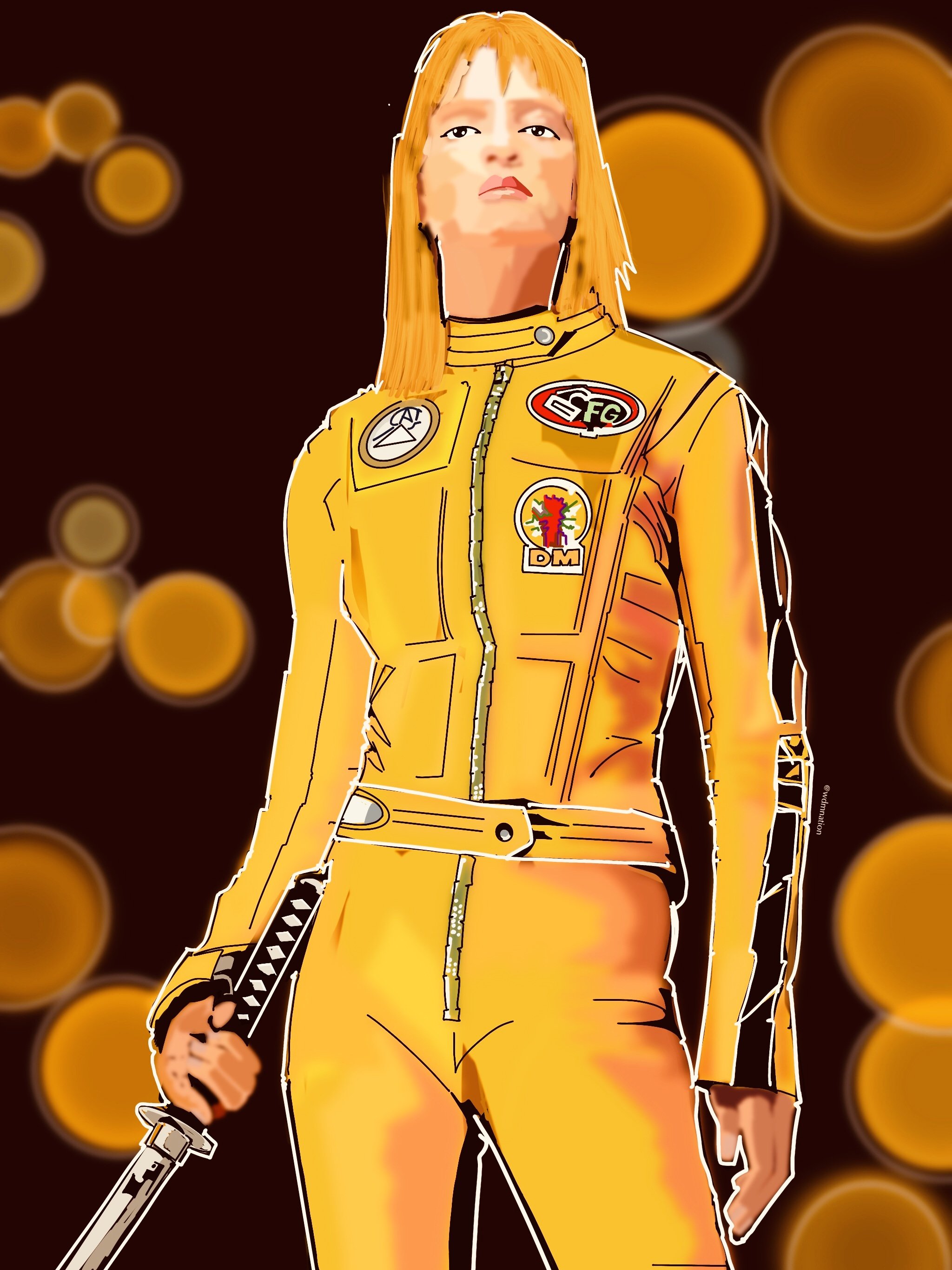 Digital illustration of a woman wearing a yellow jumpsuit with various patches, holding a sword, against a background of blurred orange circles.