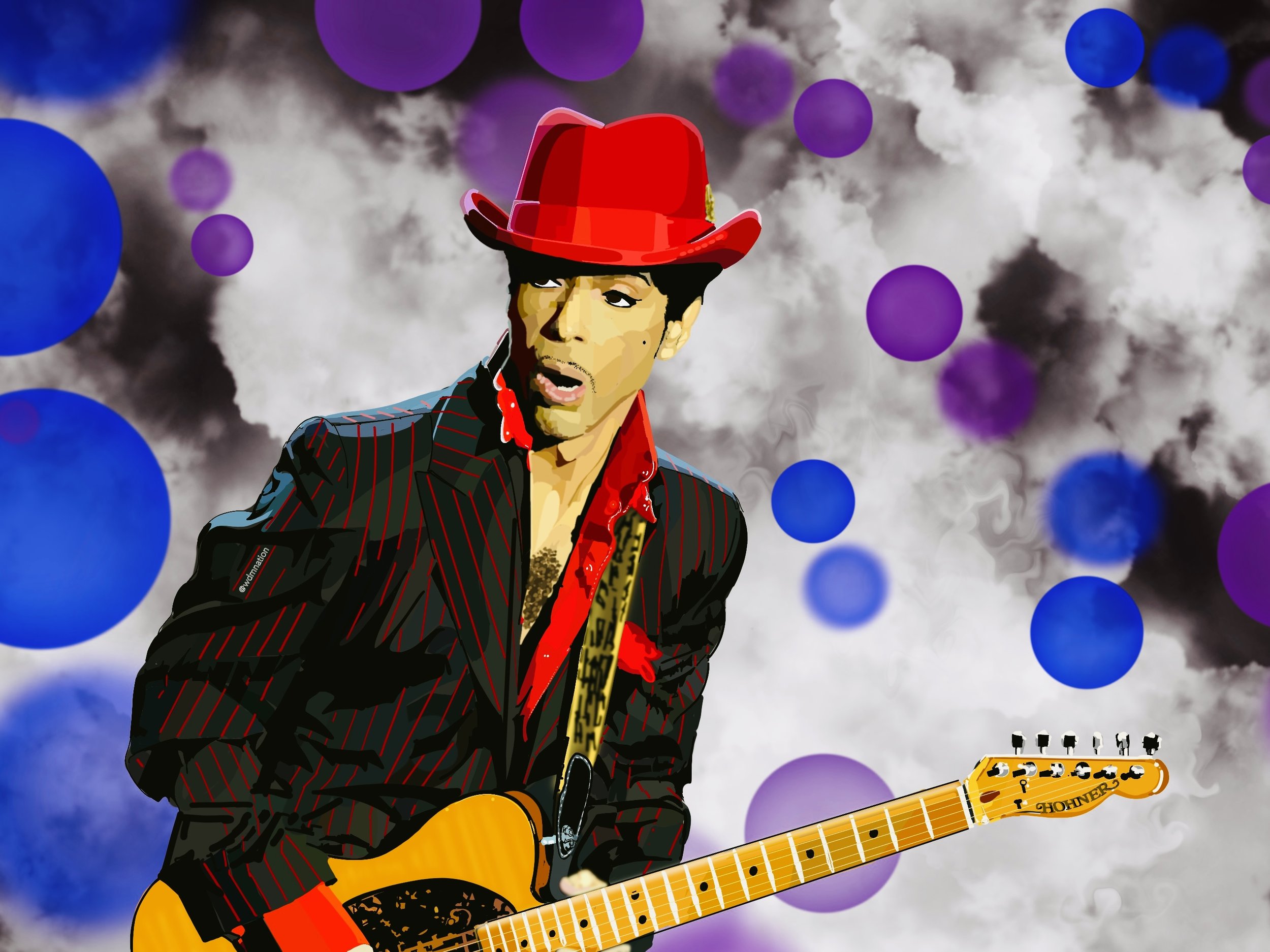 Illustrated Prince wearing a red hat and striped suit, holding an orange electric guitar, with a background of purple and blue circles and dark cloudy sky.