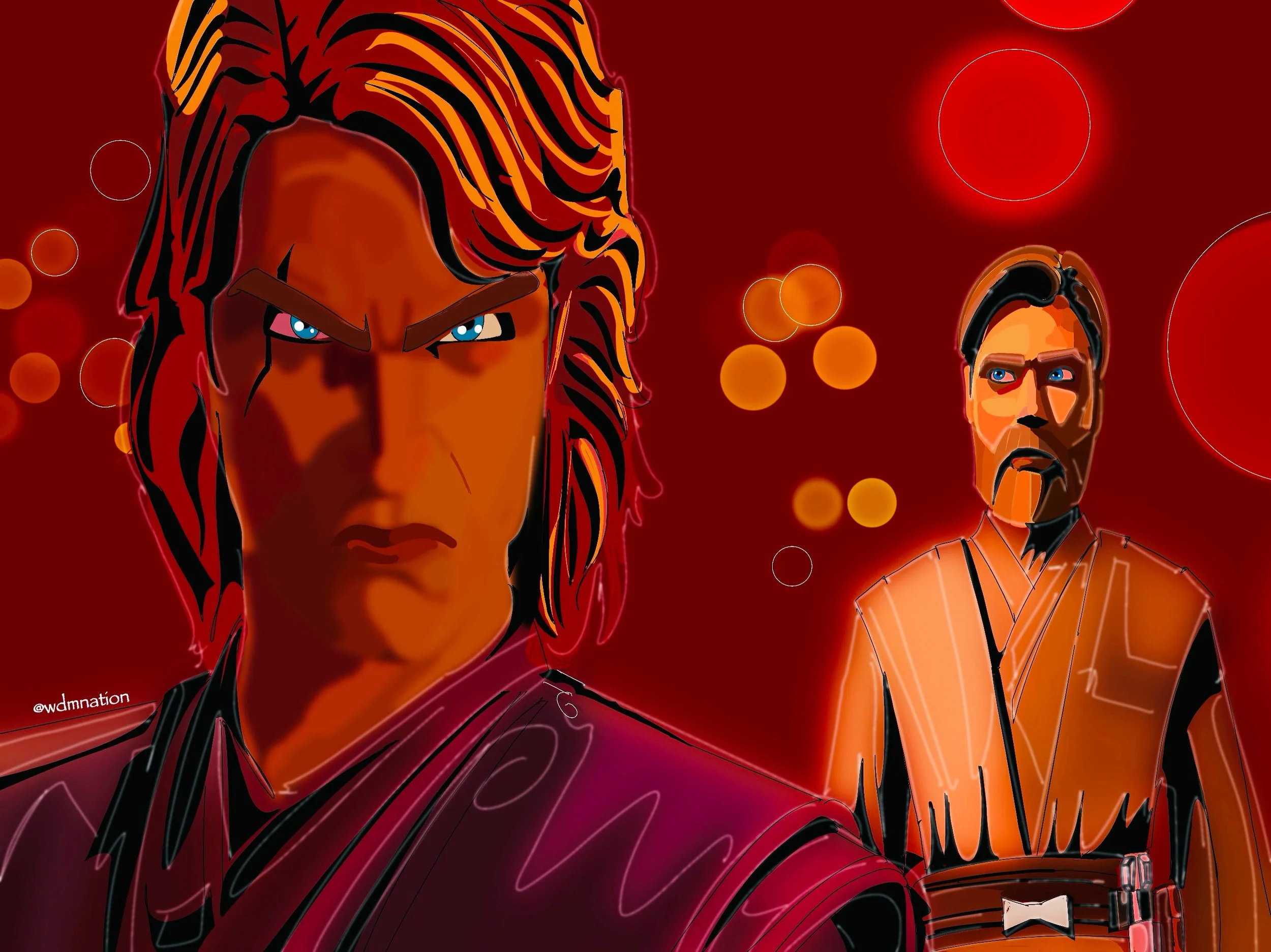 Digital artwork of two characters with a red background, featuring a close-up of a male character with long hair and intense expression, and another male character with glasses and a beard, dressed in traditional attire.