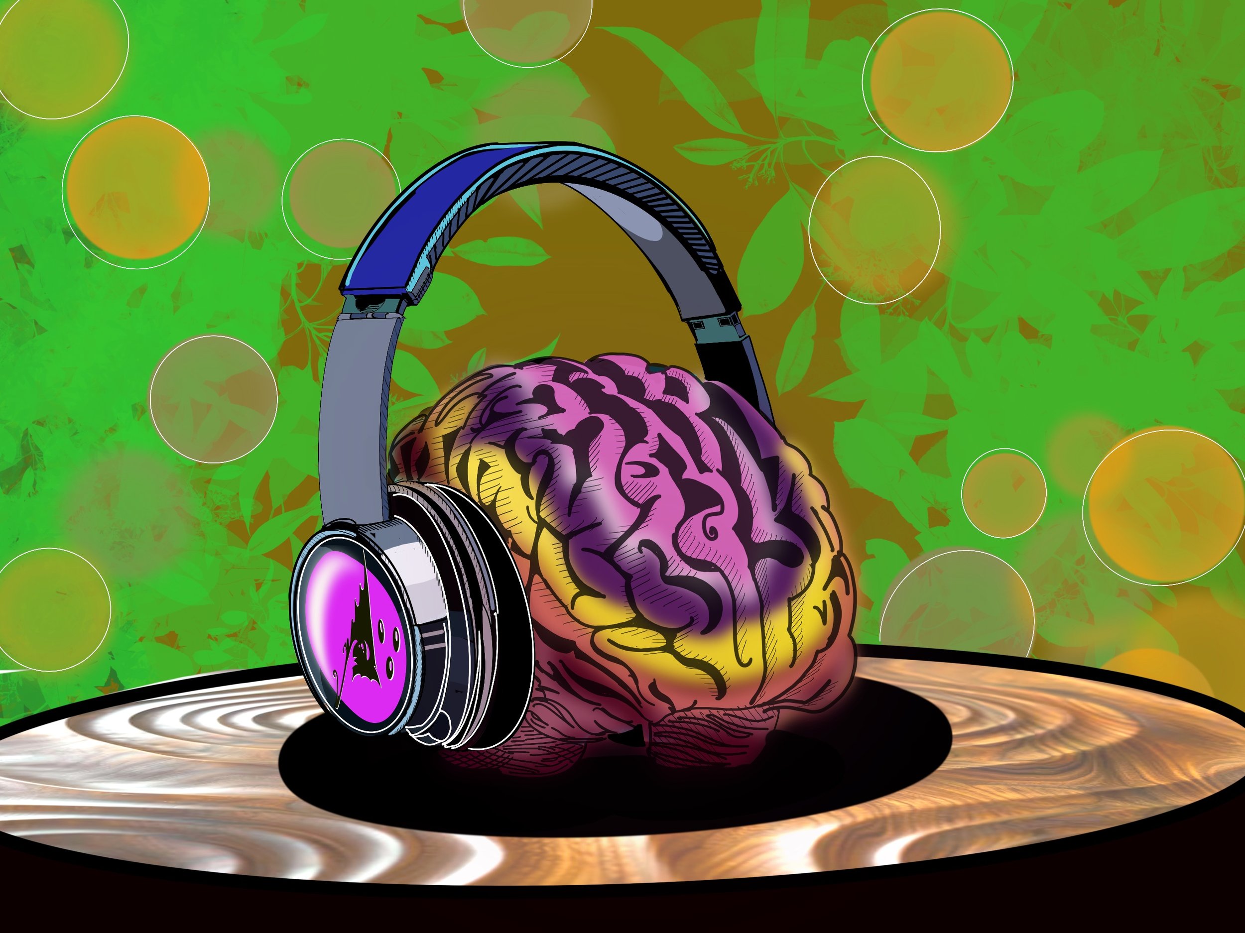 Illustration of a brain wearing DJ headphones with a colorful THINKTIMM logo on the ear piece background of green leaves and circular shapes.