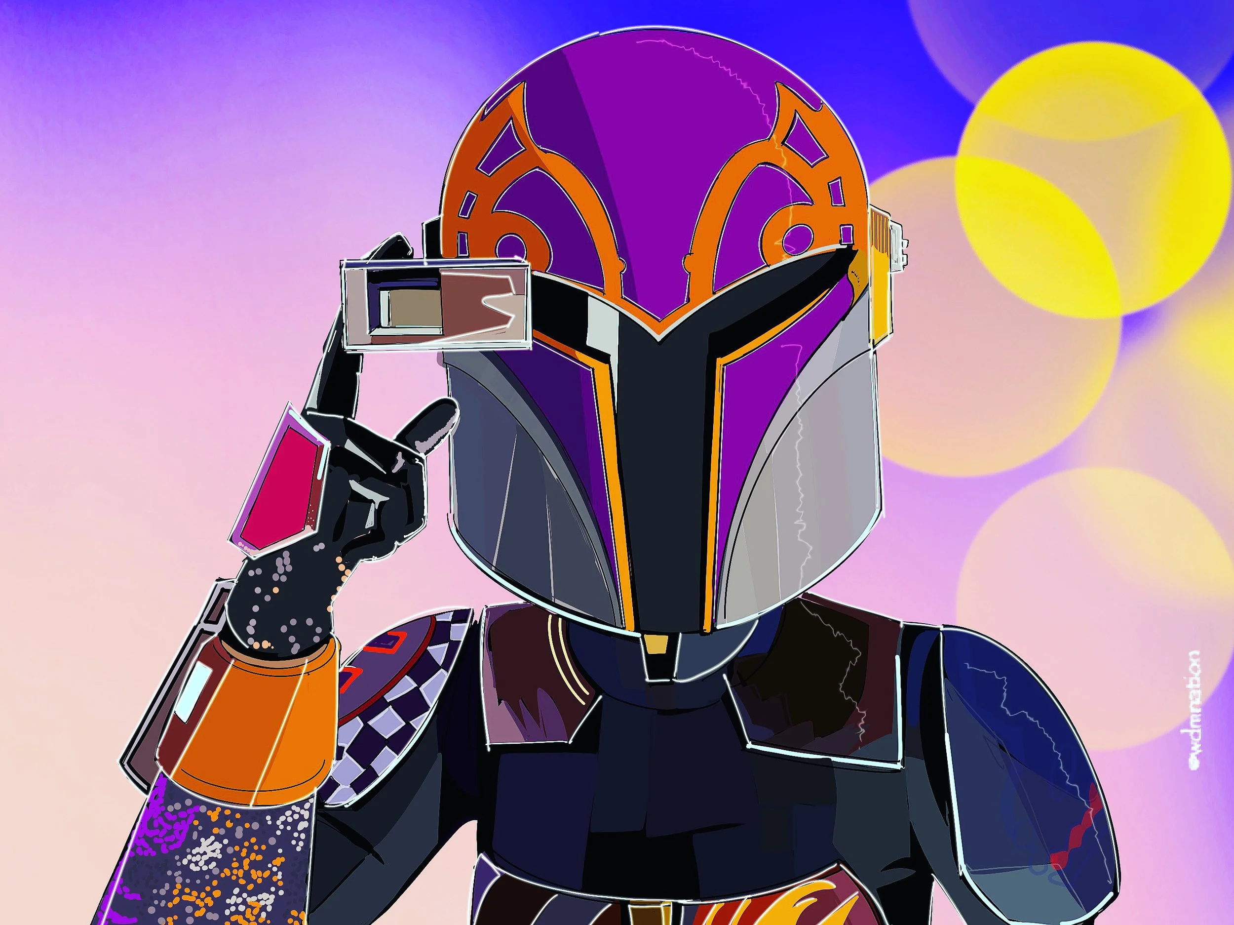 Illustration of a person wearing a futuristic helmet with purple, black, and gray colors, holding a camera. The background features a gradient of purple and pink with large, glowing yellow circles.