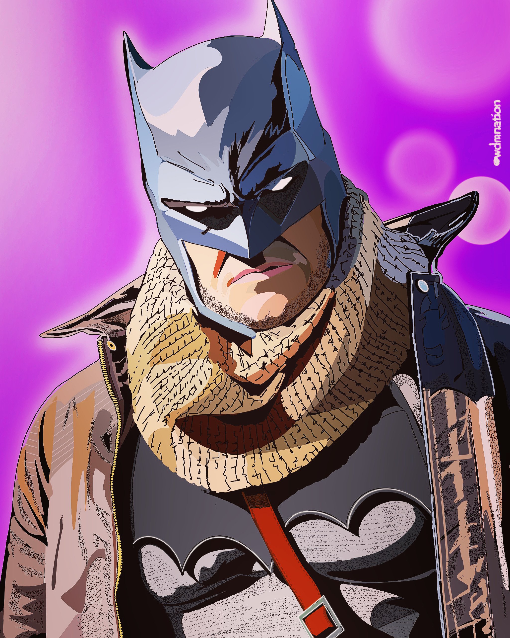 A digital illustration of Batman wearing a mask and a tan scarf, with a purple background.