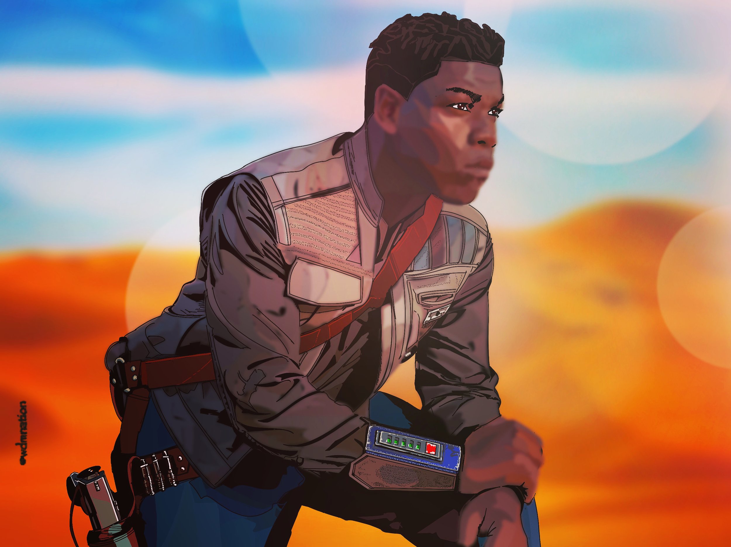 Digital artwork of a young man in a futuristic setting, wearing a beige and gray jacket with patches, leaning forward with a thoughtful expression, against a vibrant, abstract background resembling a sunset sky.