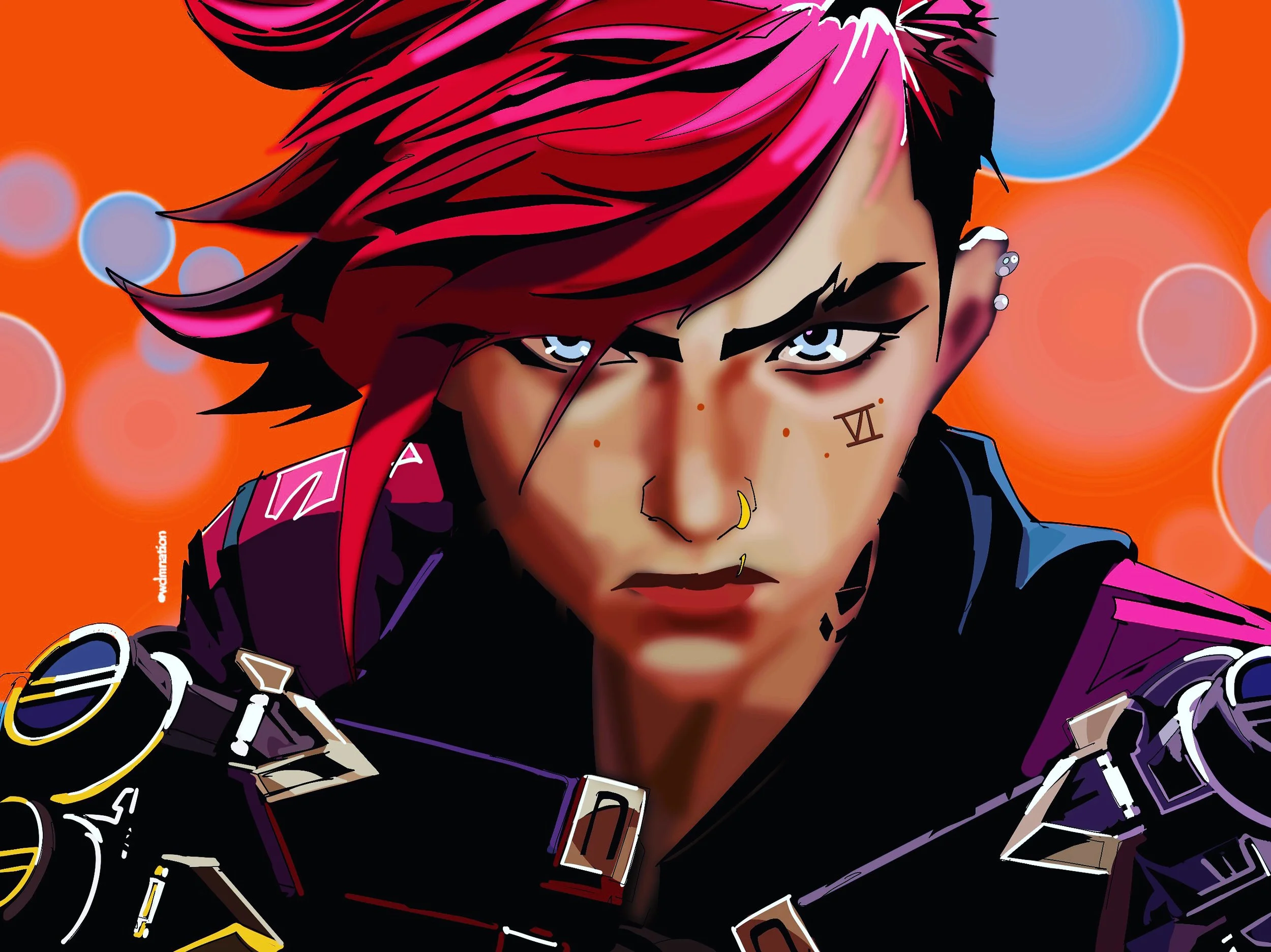 Digital illustration of a person with pink and black hair, intense blue eyes, and facial tattoos, wearing a black and purple jacket, set against an orange background with floating circles.