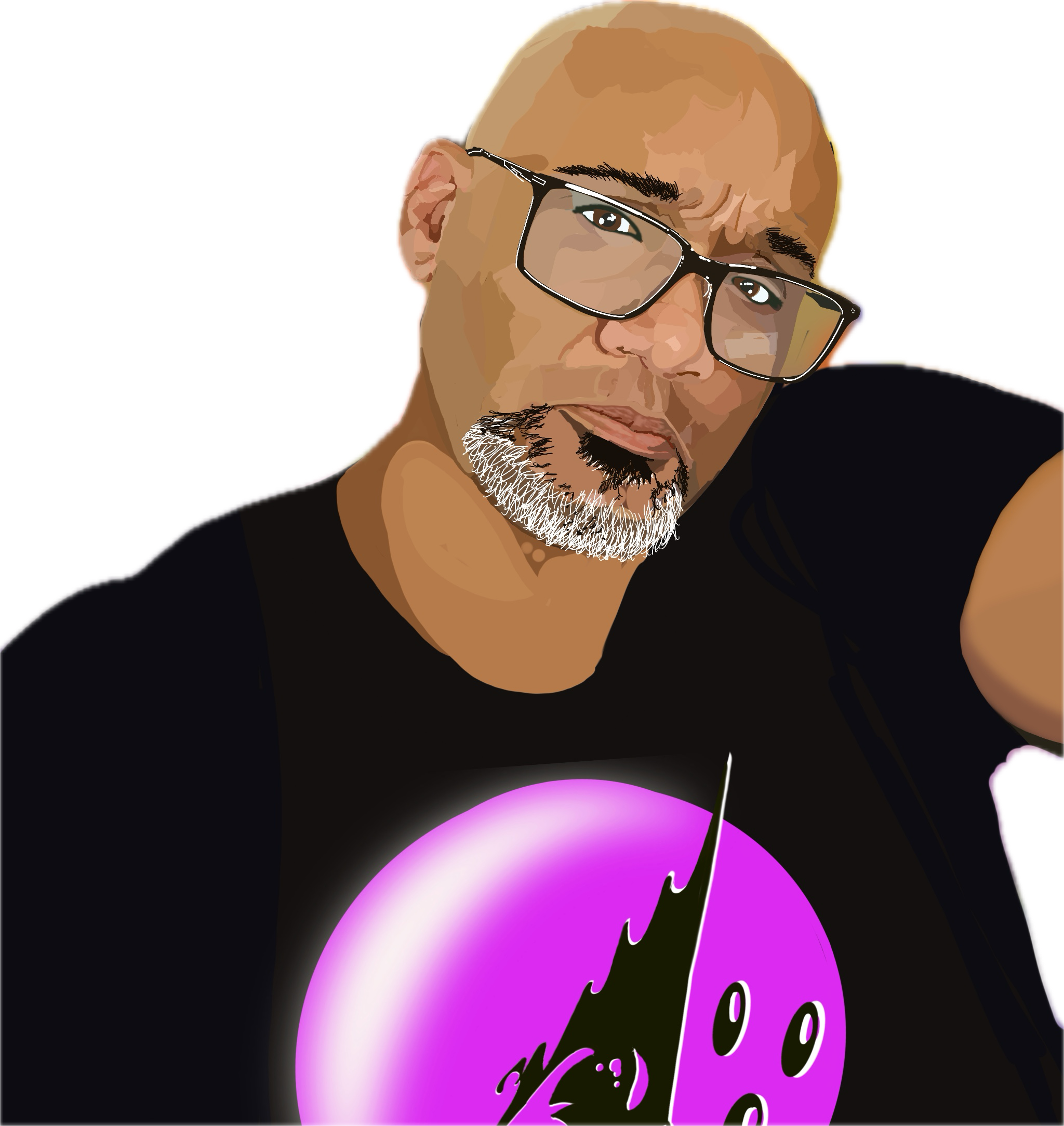 A digital illustration of a bald man with glasses, a goatee with gray and black hair, wearing a black t-shirt with a purple and black logo, making direct eye contact.