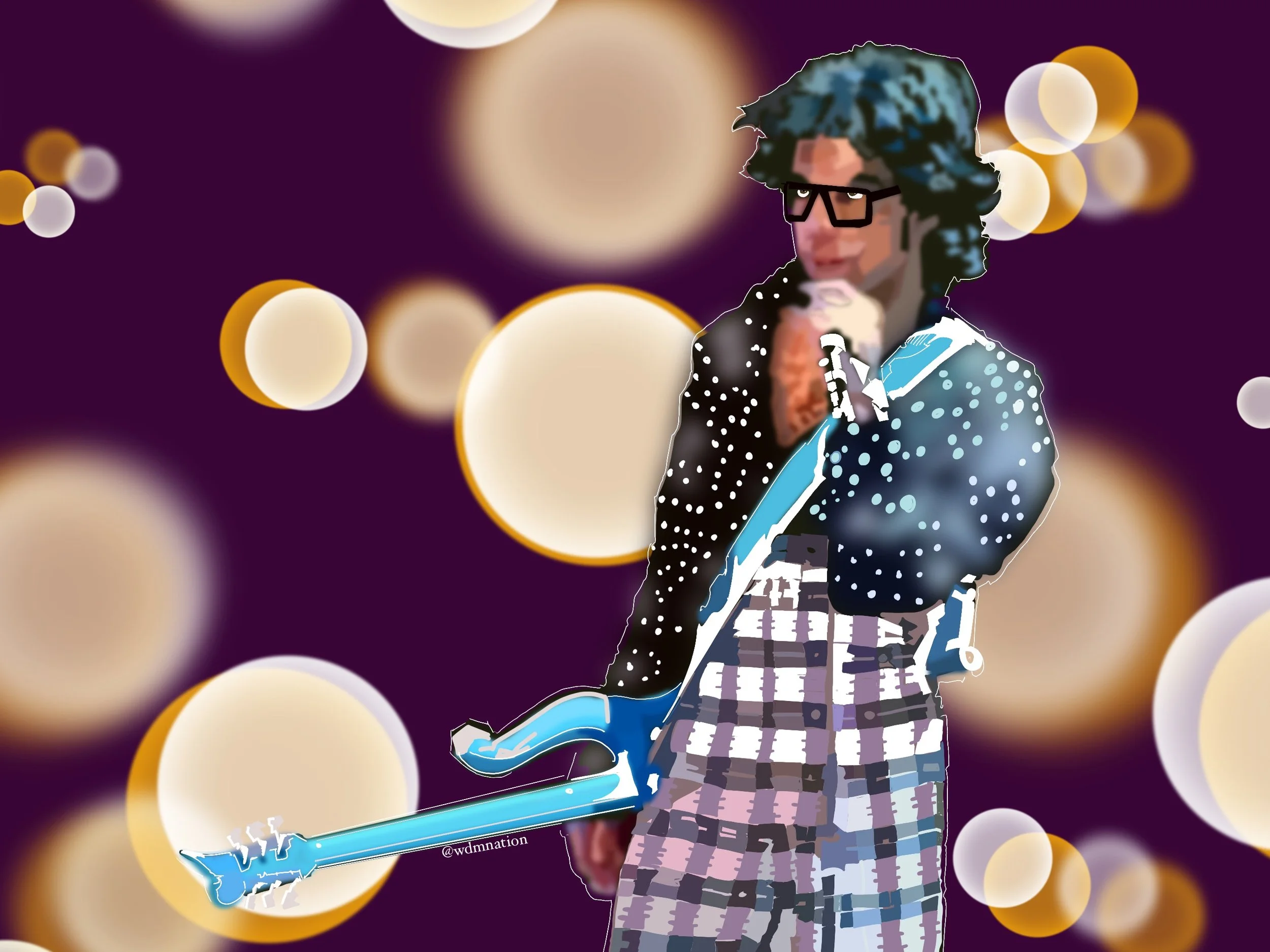 A stylized, digital illustration of a young man with long wavy hair, glasses, wearing a checkered pants and a black jacket over a white shirt, holding a blue electric guitar, standing in front of a dark purple background with large, glowing bokeh lig