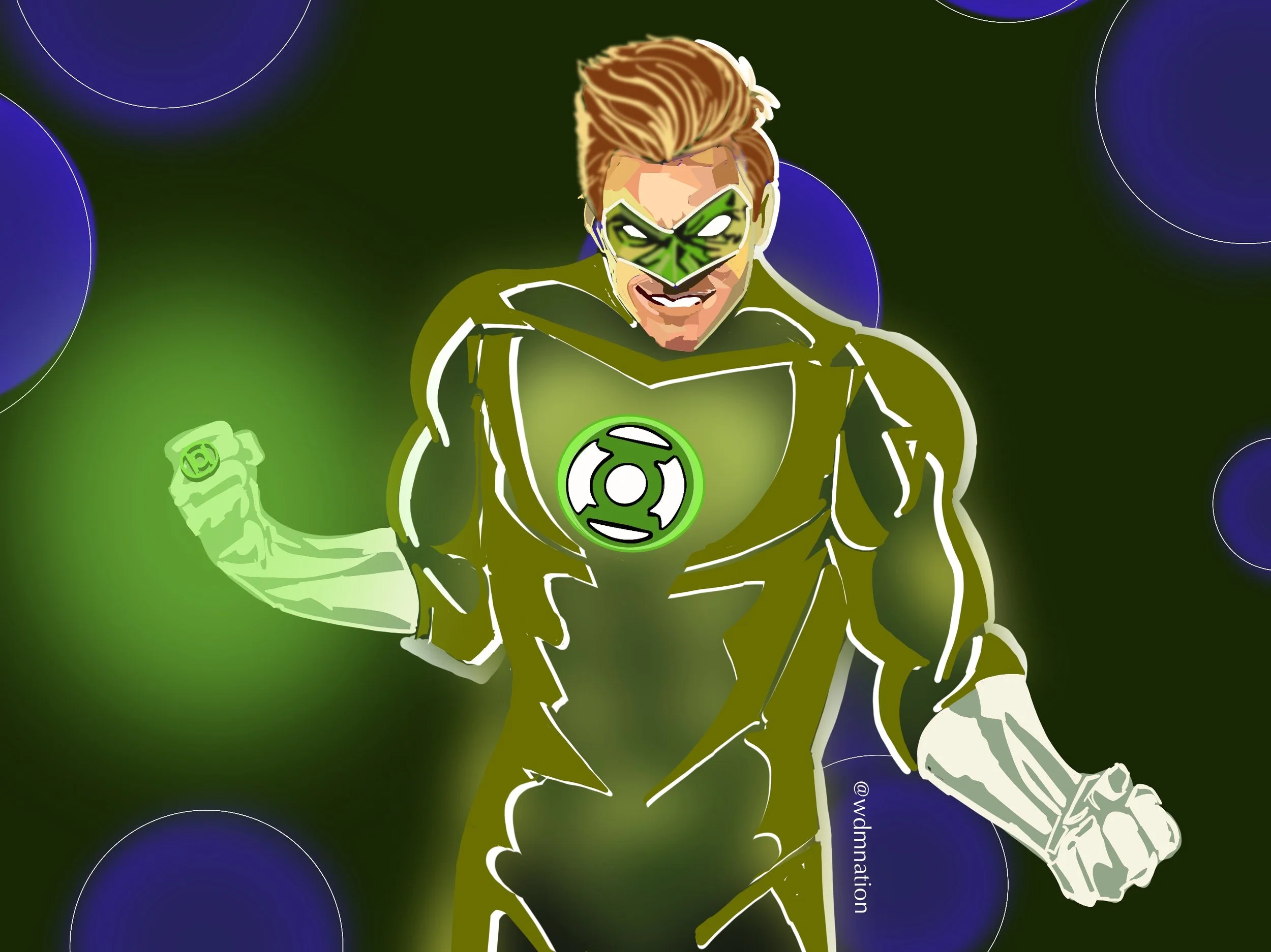 Cartoon of a male superhero in a green costume with a Green Lantern symbol on his chest, wearing a Green Lantern ring, and smiling confidently with a glowing fist, set against a dark background with blue and purple circles.