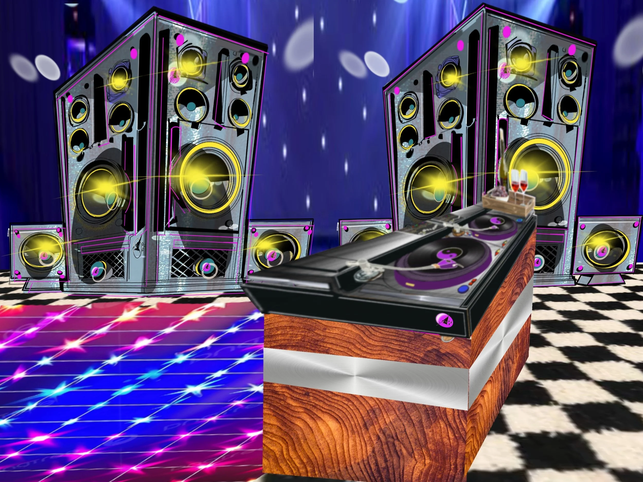 A digital illustration of a DJ setup with multiple large speakers with yellow and pink accents, a turntable on a wooden stand, and a colorful, illuminated dance floor in a nightclub scene with a dark blue background.