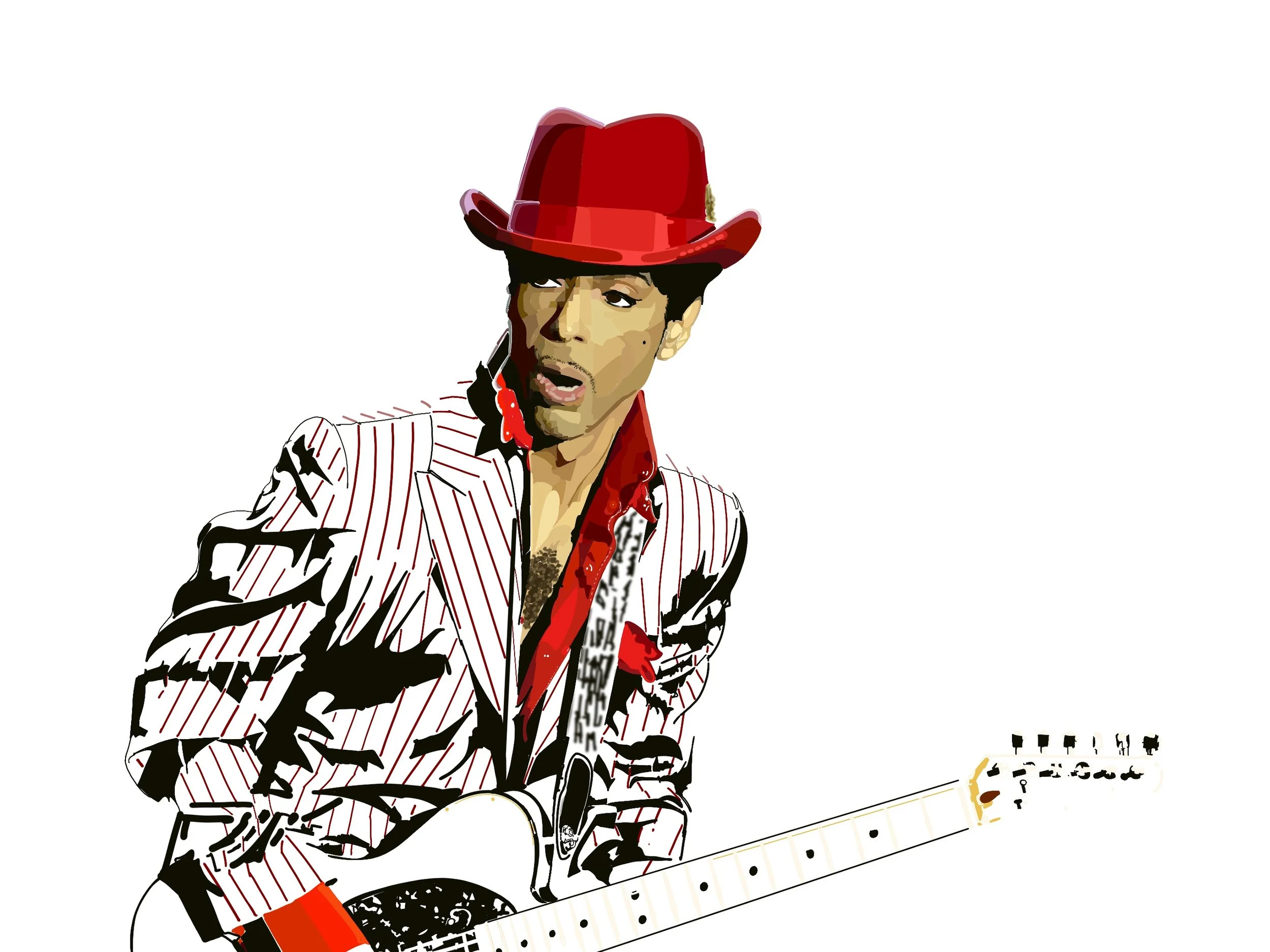 A person with a surprised or expressive facial expression wearing a red hat and a pinstripe jacket, holding an electric guitar.