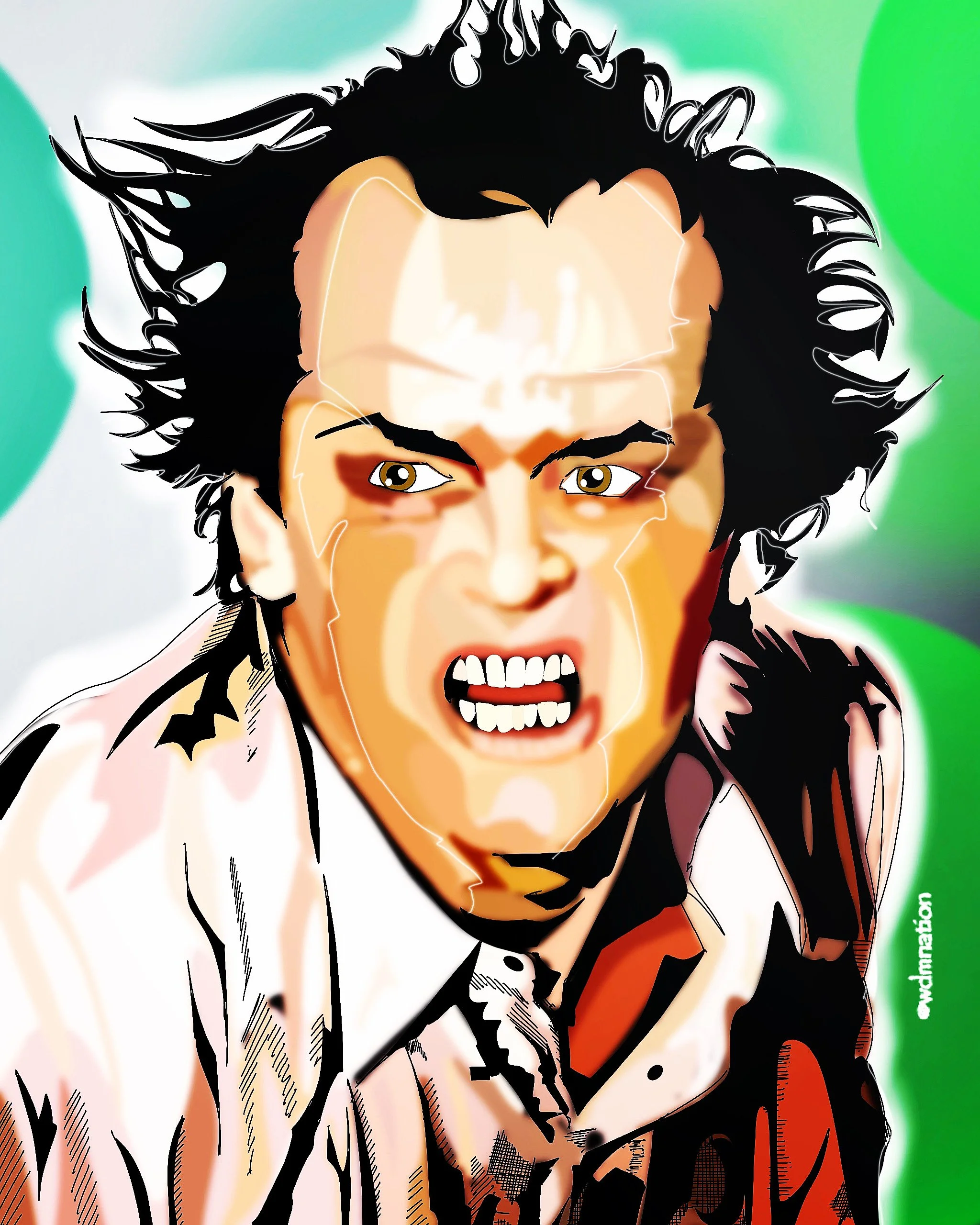 A digital drawing of a Jack Nicolson with messy black hair, angry expression, and bared teeth, wearing a sleeveless jacket. The background is green and white abstract colors.