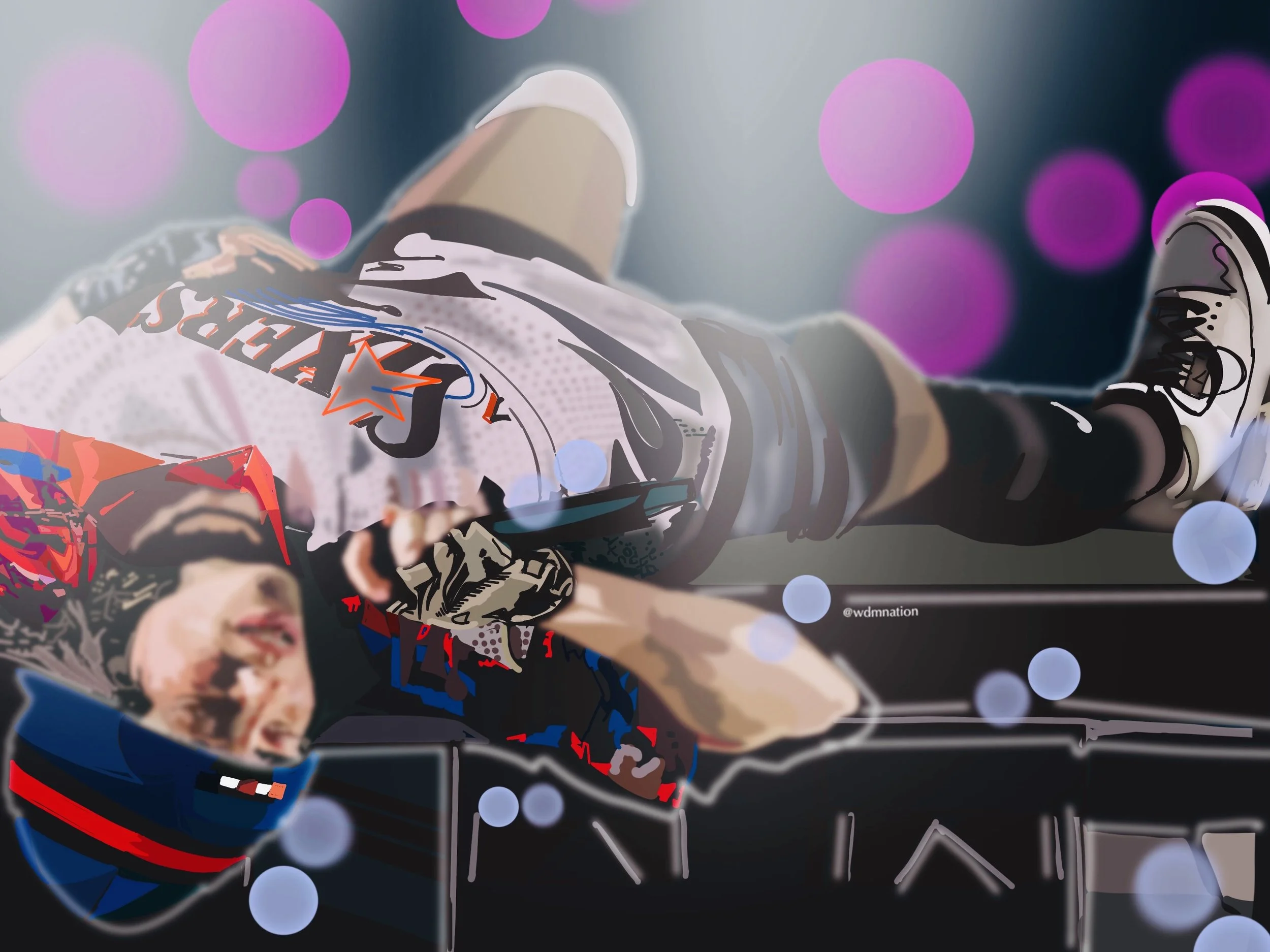 Digital illustration of a person in racing gear, including a helmet and racing suit, leaning over a gaming console or controller. Background features purple and blue glowing circles, giving a vibrant, energetic atmosphere.