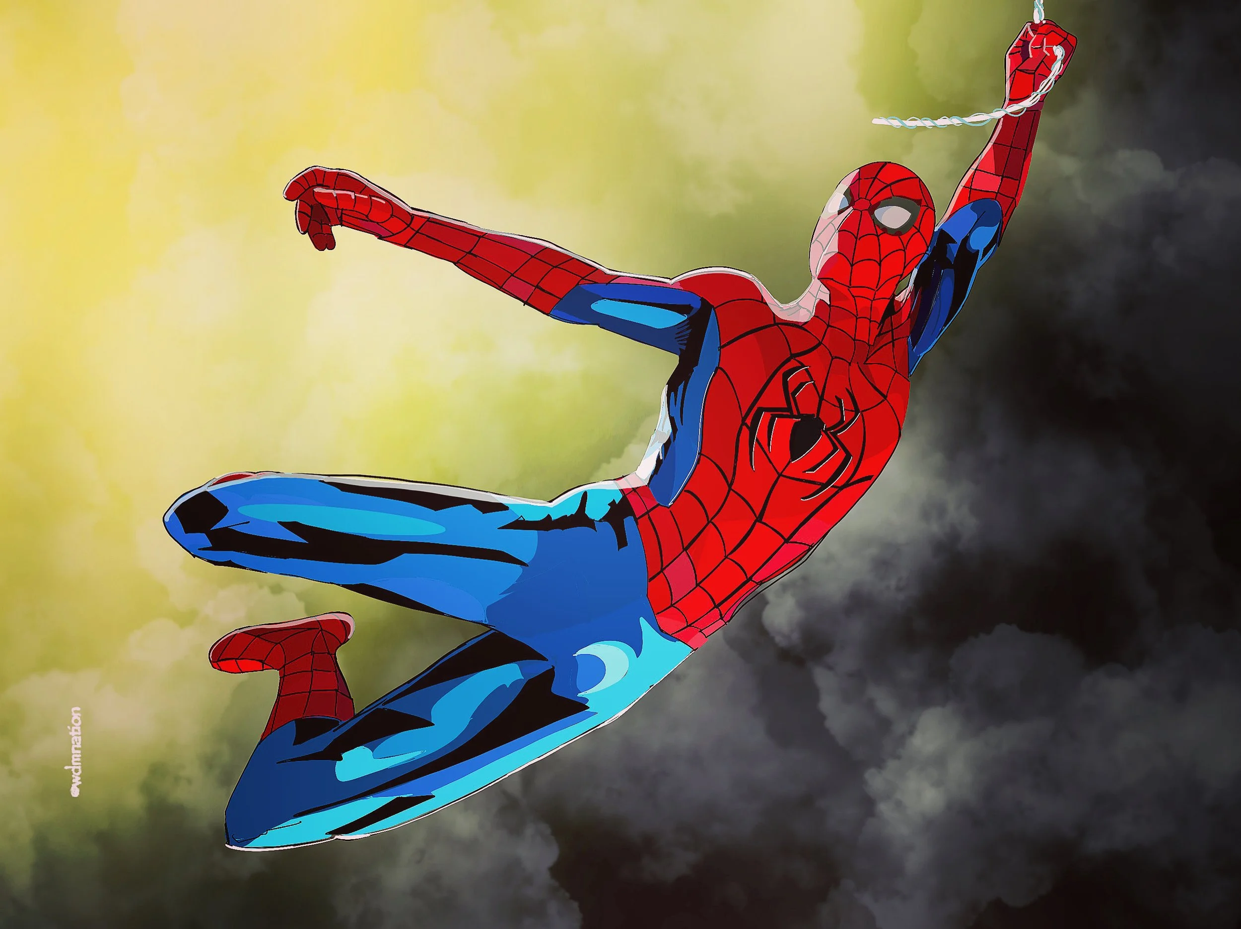 Drawing of Spider-Man swinging through a cloudy sky with yellow and dark clouds in the background.