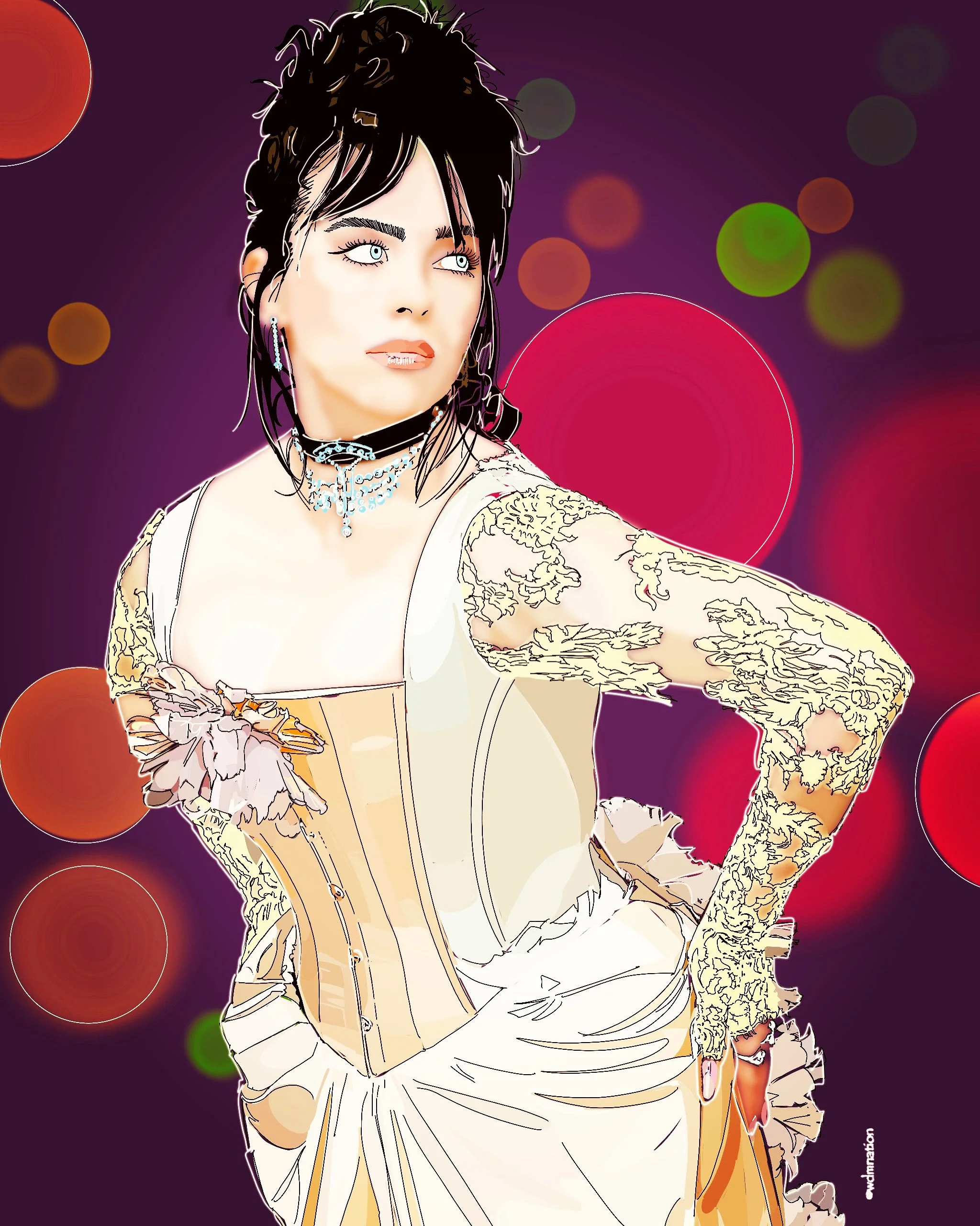 Digital artwork of a Billie Eillish with dark,  hair, wearing a white corset with lace details, a white sleeve with lace, and jewelry including earrings and a choker. The background features colorful blurred circles against a purple backdrop.