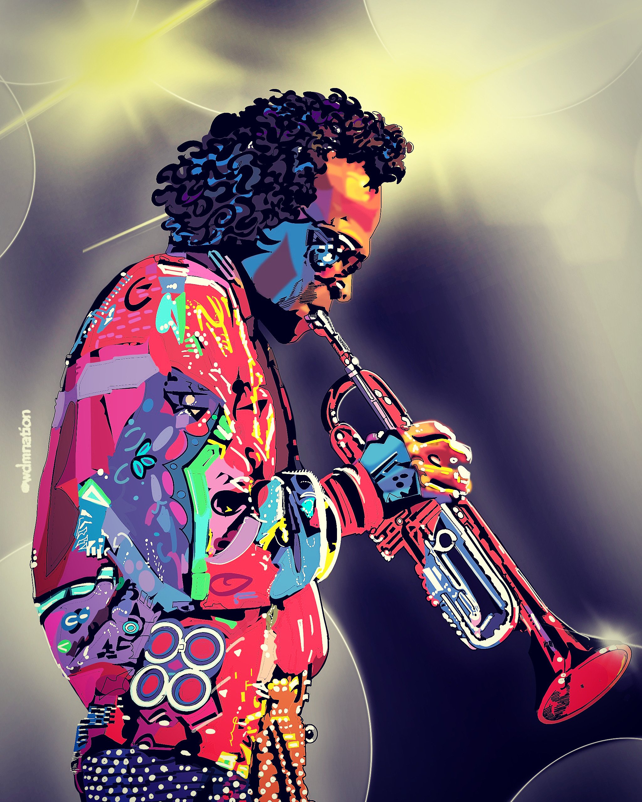 Digital illustration of a Mile Davis with curly hair wearing sunglasses, playing a saxophone, with vibrant colorful patterns on clothing and background effects.