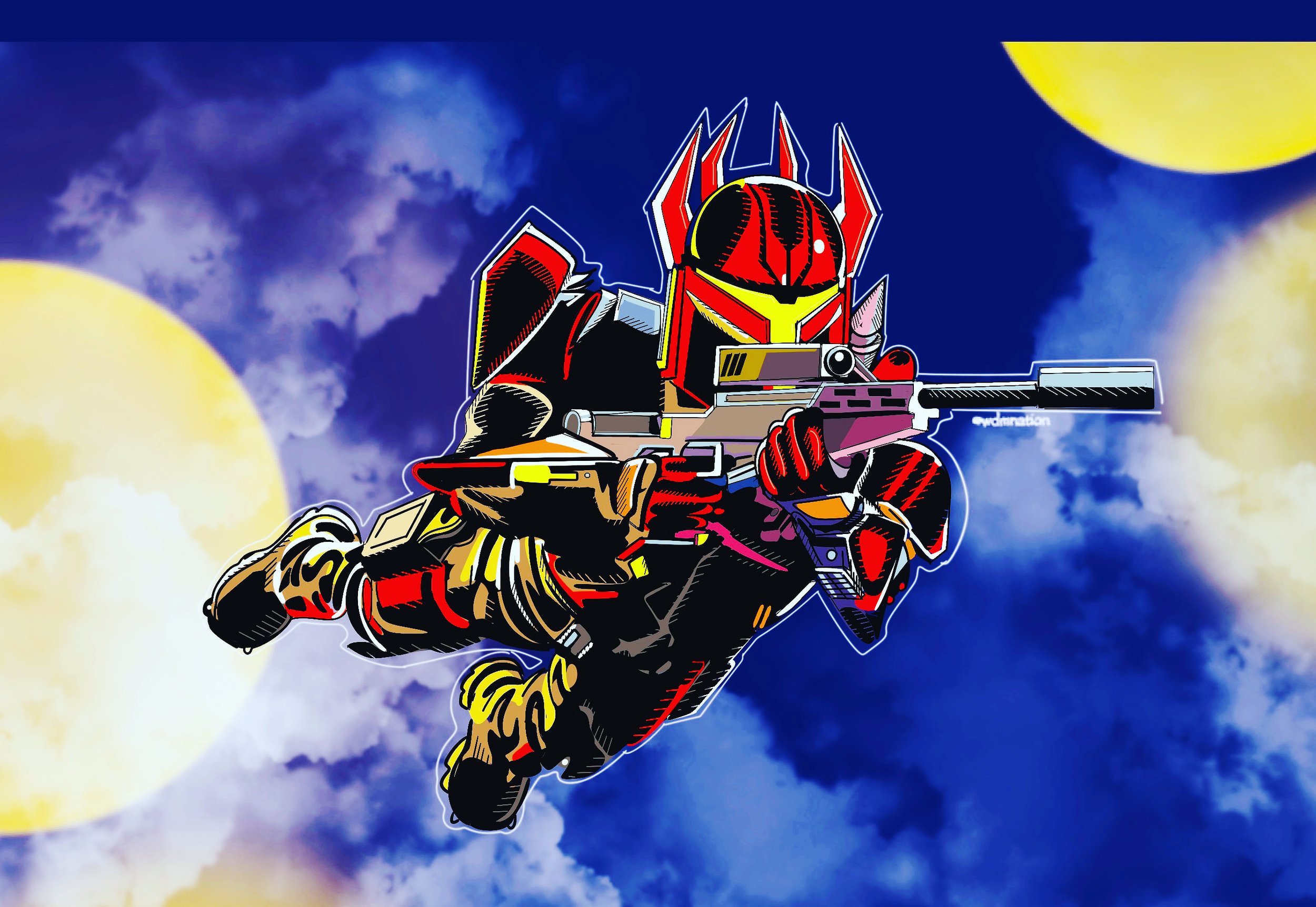 A stylized illustration of a combat-ready robot with a helmet and armor, aiming a sniper rifle against a night sky background with clouds and full moons.