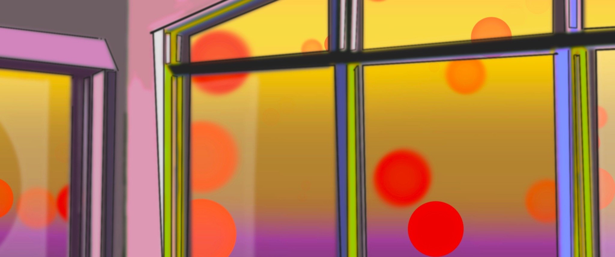 A colorful, abstract depiction of a window with a pink wall and orange circles in the background.
