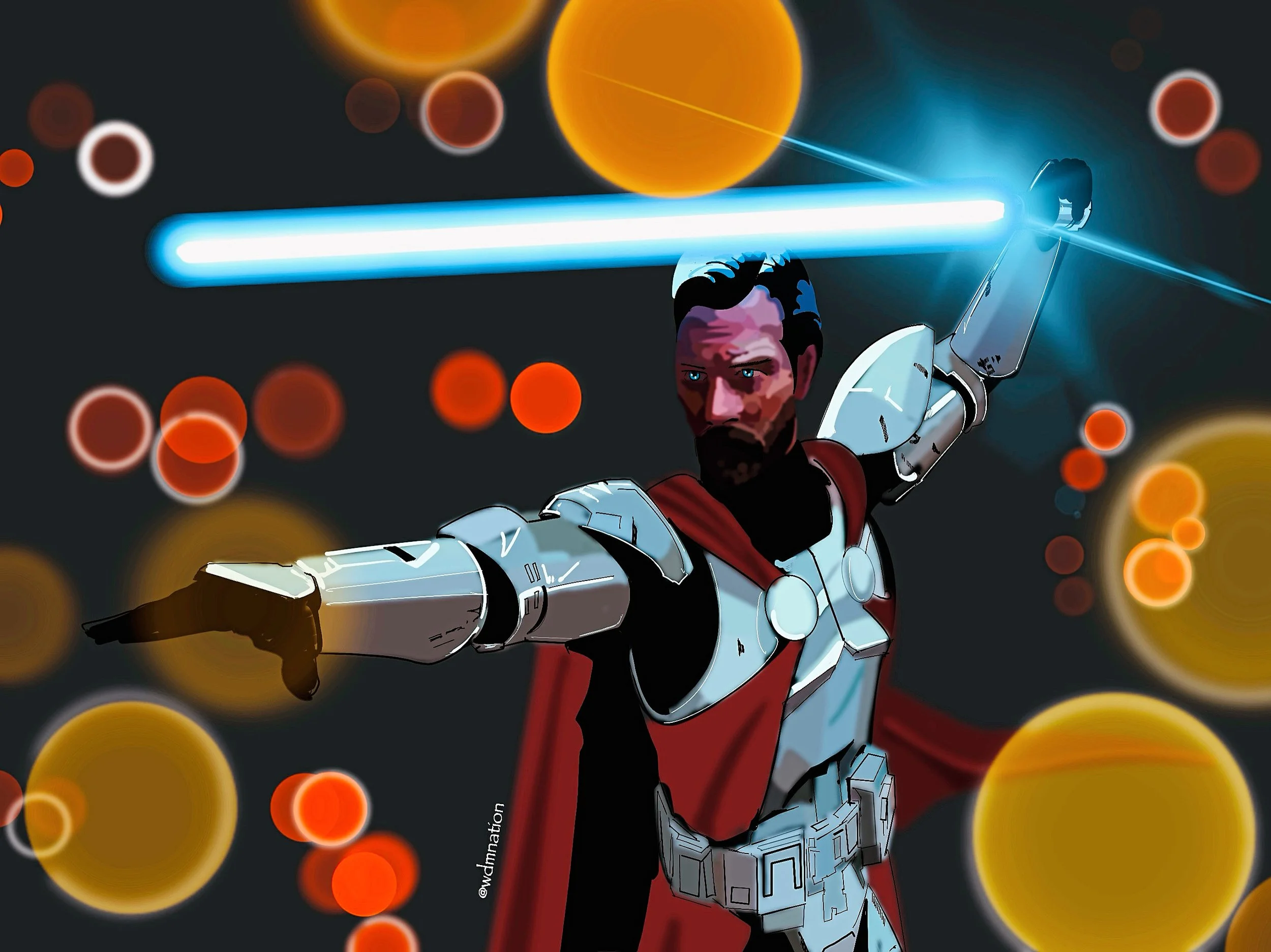 A digital illustration of a male stormtrooper with red cape, wielding a blue lightsaber, set against a dark background with orange and red glowing orbs.