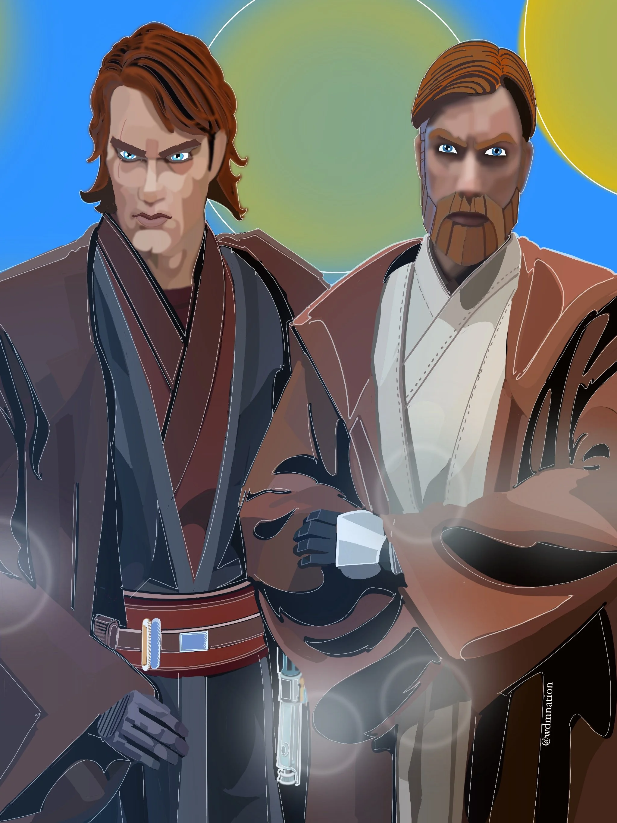 Digital artwork of two male characters from Star Wars, dressed as Jedi with serious expressions, standing against a colorful abstract background.