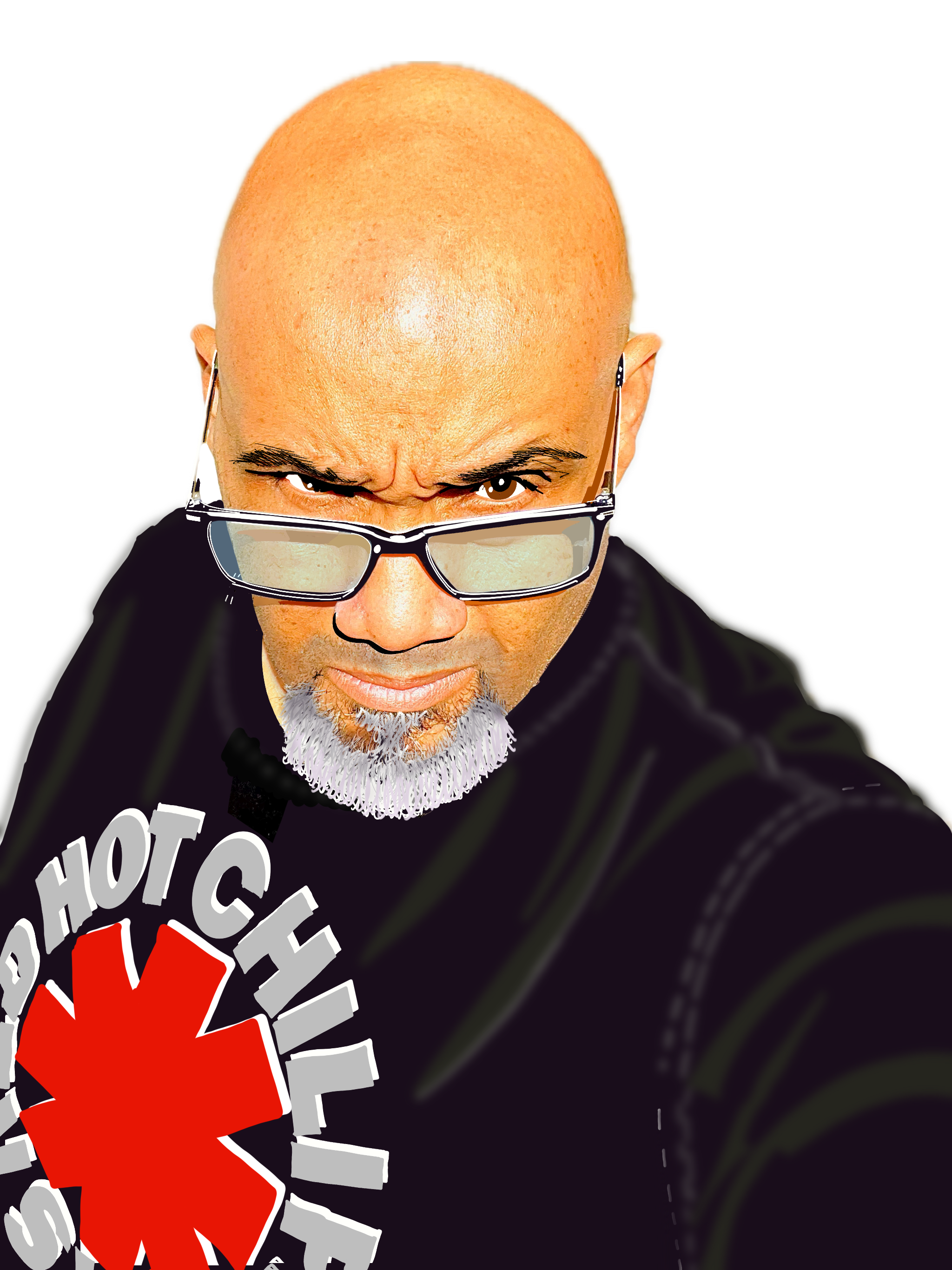 Close-up of a bald man with a gray beard wearing glasses and a black jacket with a red and white logo, making a serious facial expression.