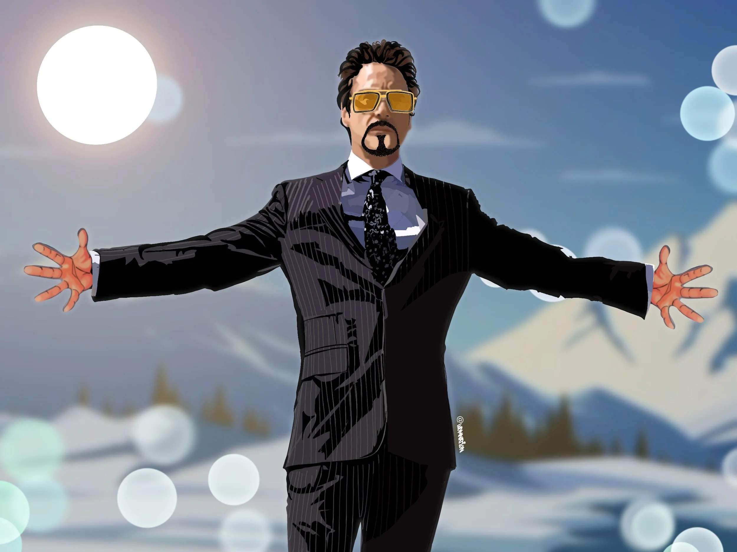 A man in a black pinstripe suit, with spread arms, standing outdoors in a snowy mountain landscape, wearing sunglasses, a tie, and facial hair under a bright sun and a sky with clouds.