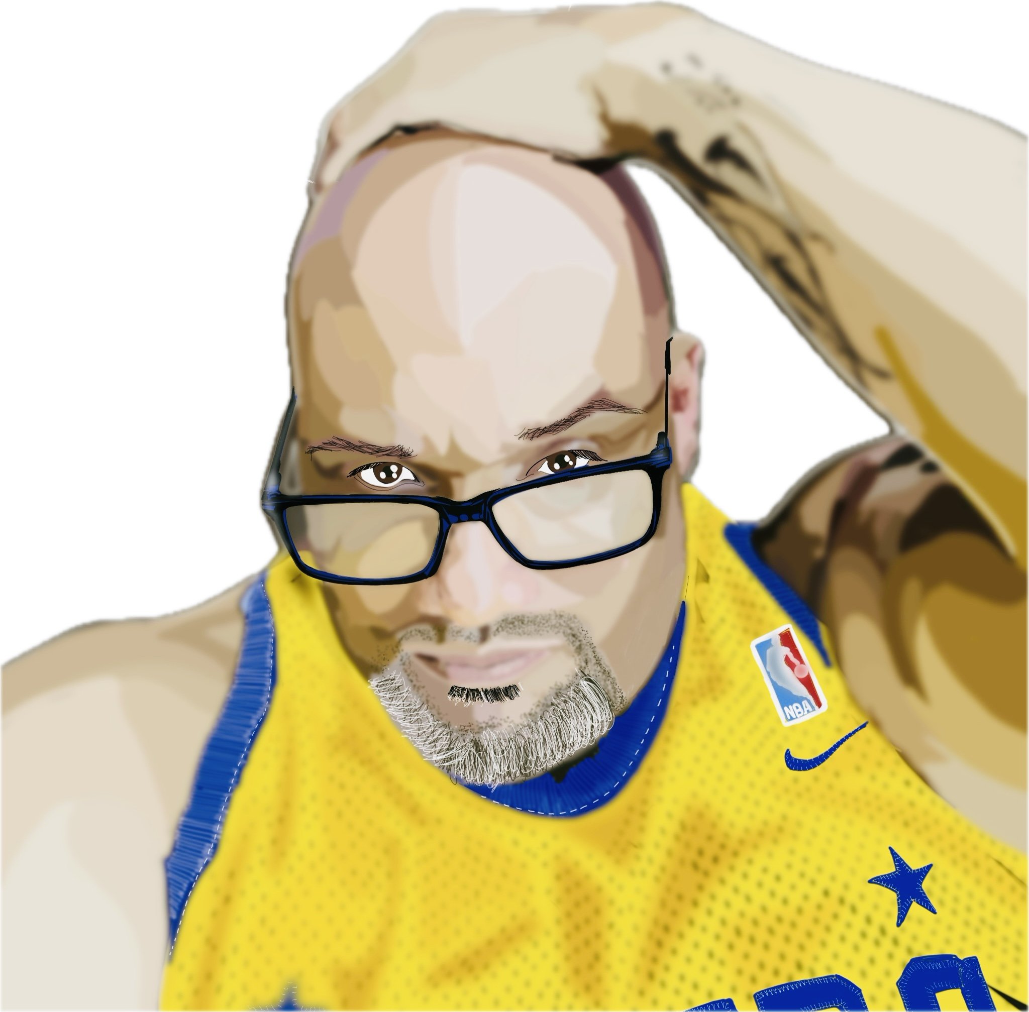 A man with glasses and a goatee wearing a yellow NBA jersey with blue accents, posing with his right hand on his head and looking into the camera.