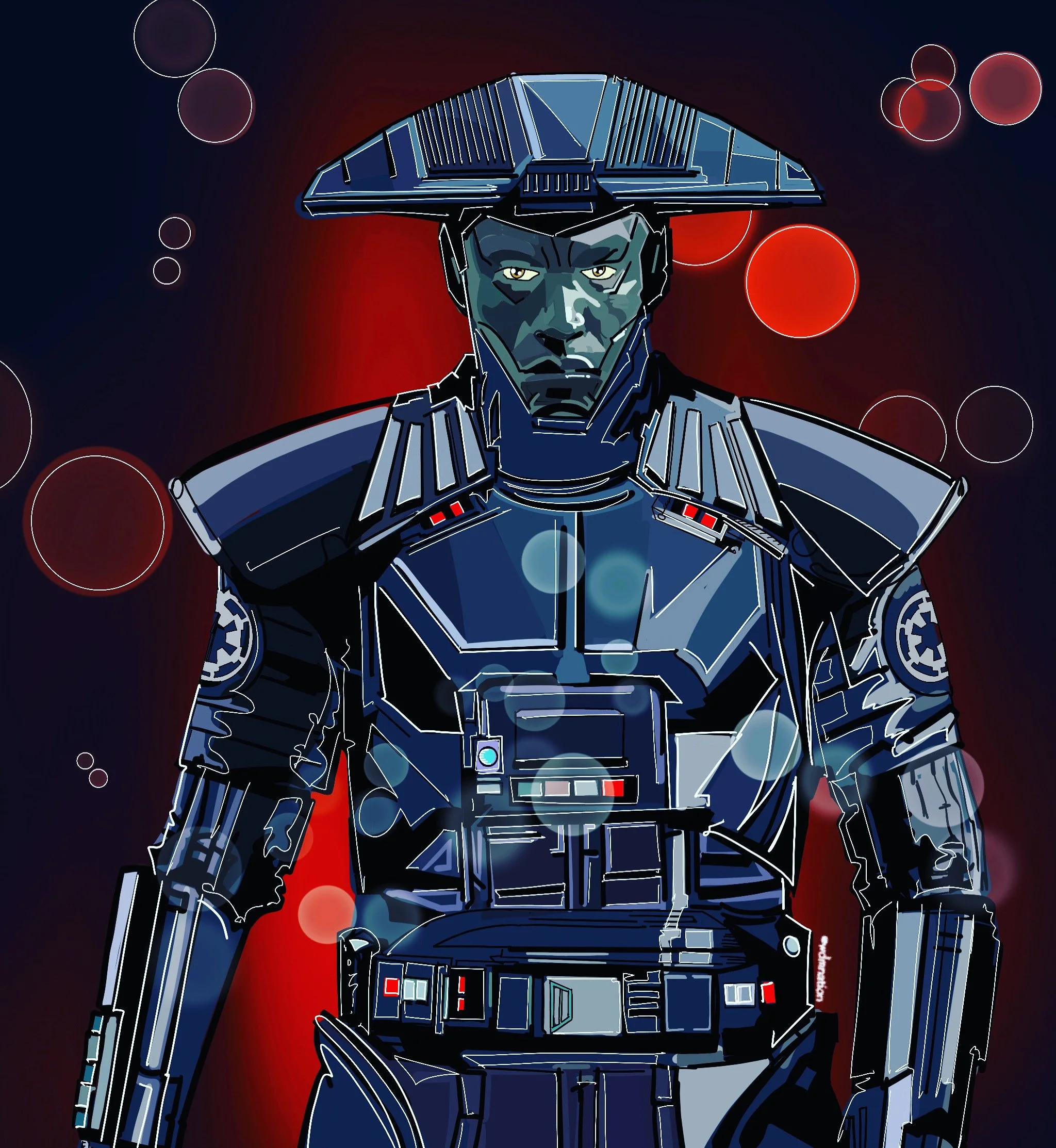 Digital illustration of a Star Wars stormtrooper in black armor with a serious expression, against a dark background with red and white bokeh effects.