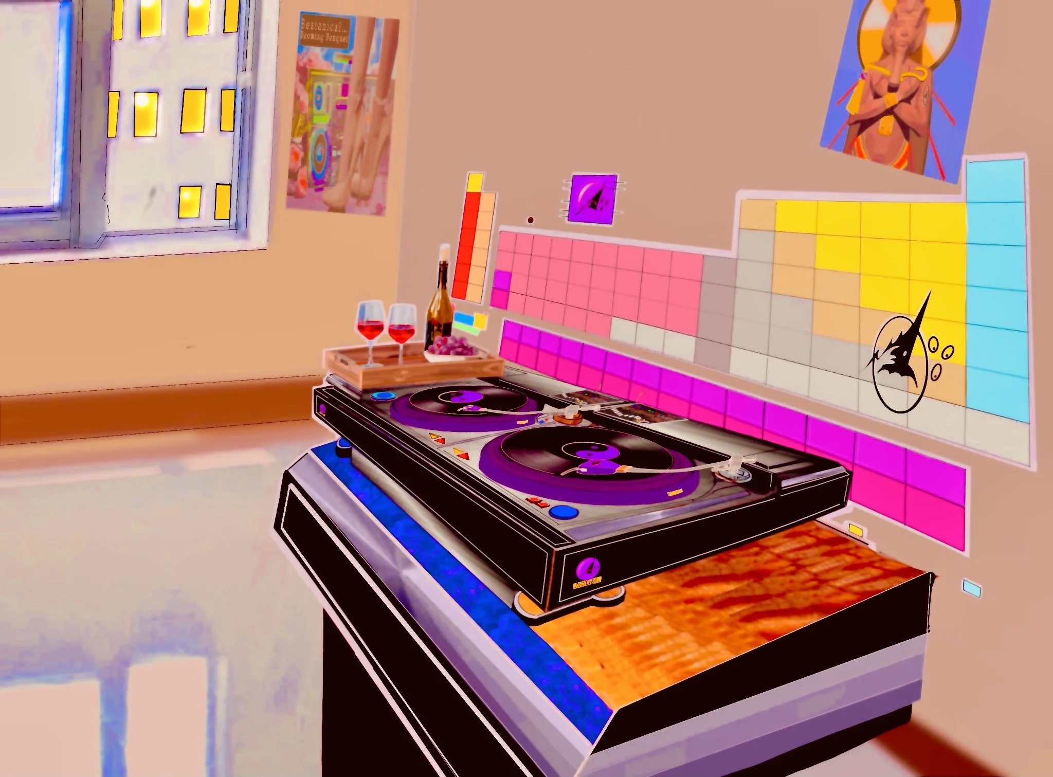 A DJ turntable setup in a colorful room with pink, purple, and blue tiles on the wall. There are two glasses with red drinks, a bottle, and grapes on a tray on the left side. The room has a window with yellow squares and posters on the wall.