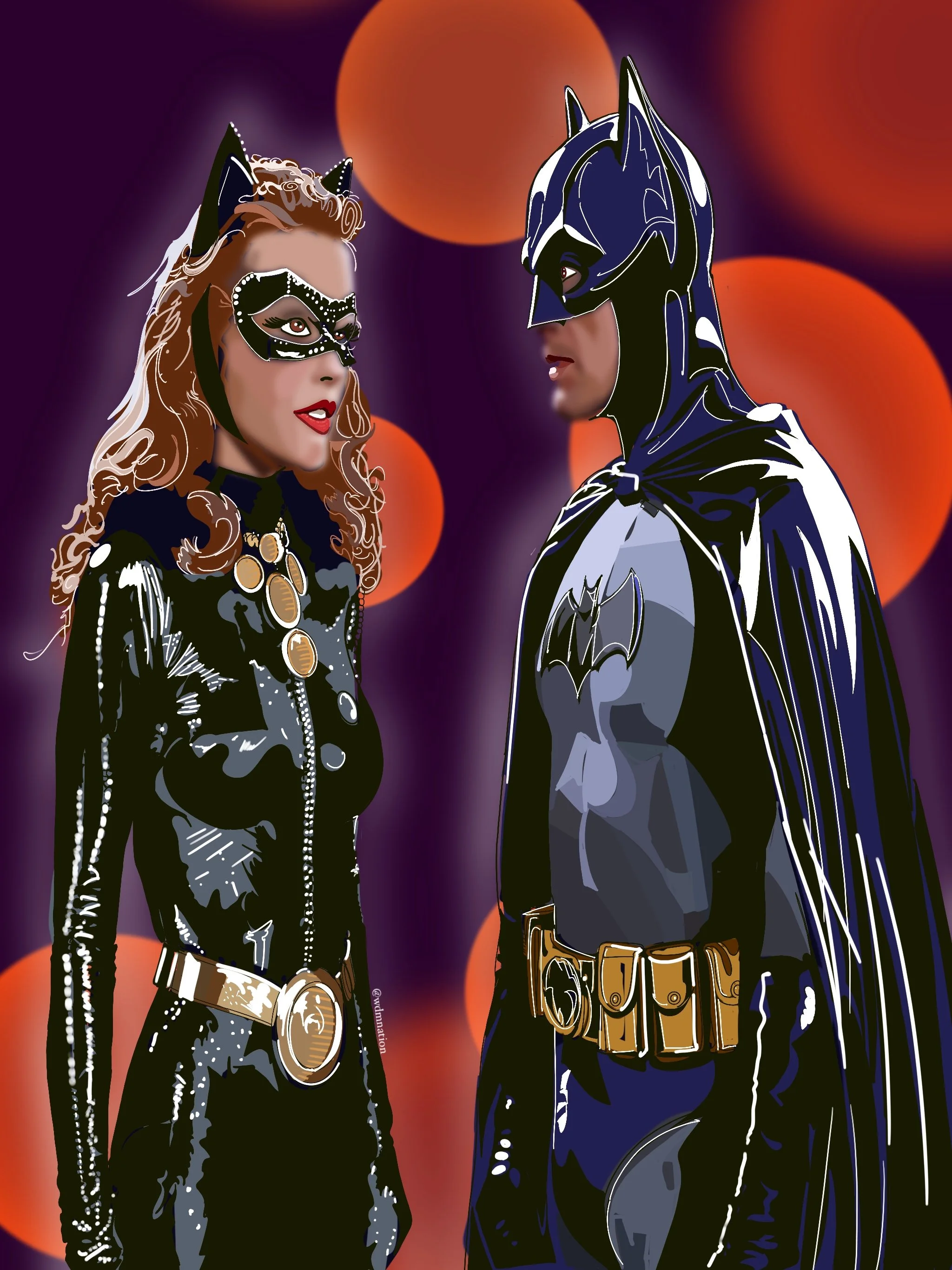 Illustration of Catwoman and Batman in costume, facing each other with a background of blurred orange circles and dark purple.