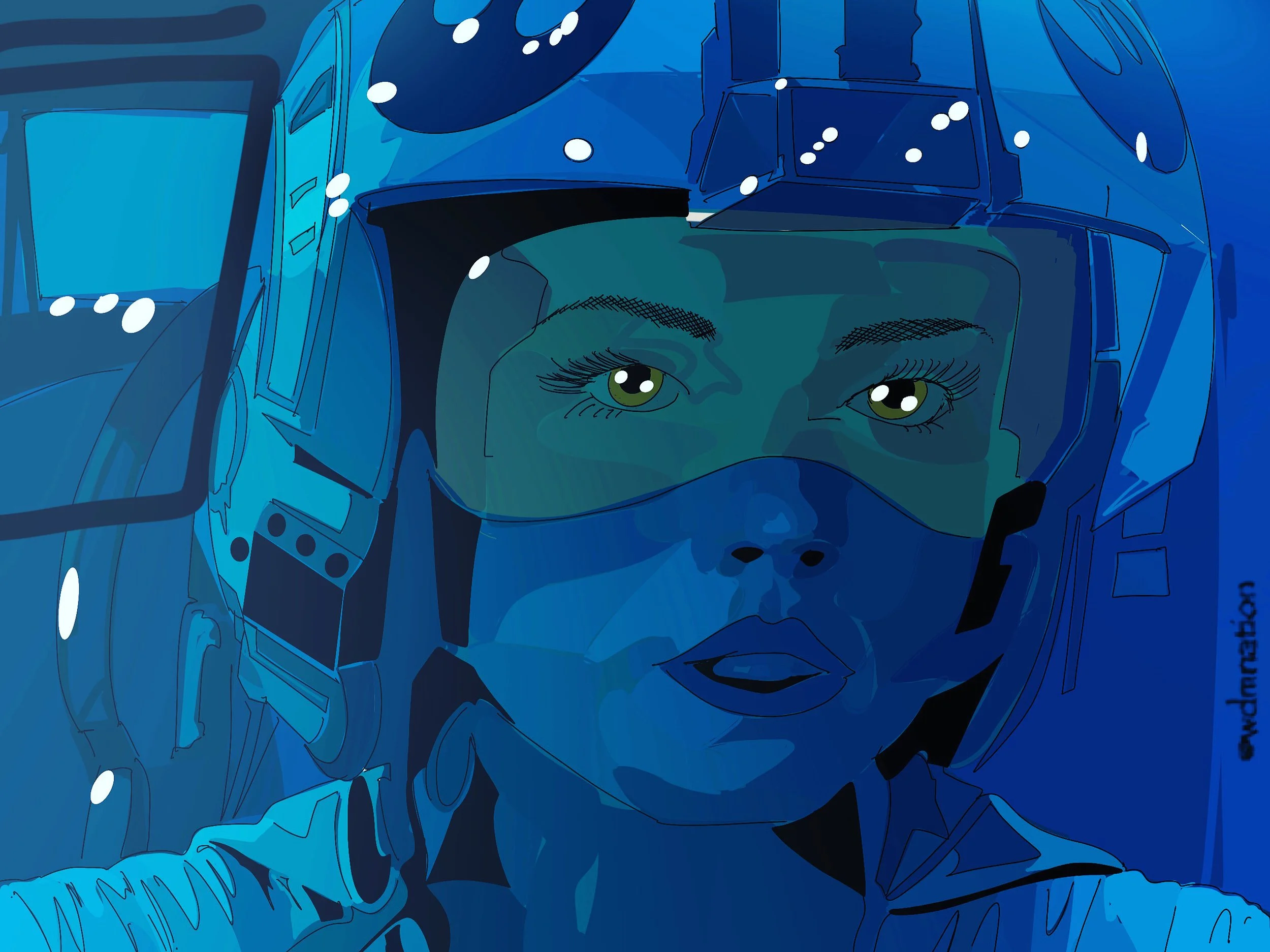 Digital artwork of a woman in a pilot helmet, with green eyes and long eyelashes, dressed in a blue flight suit, set against a blue background.