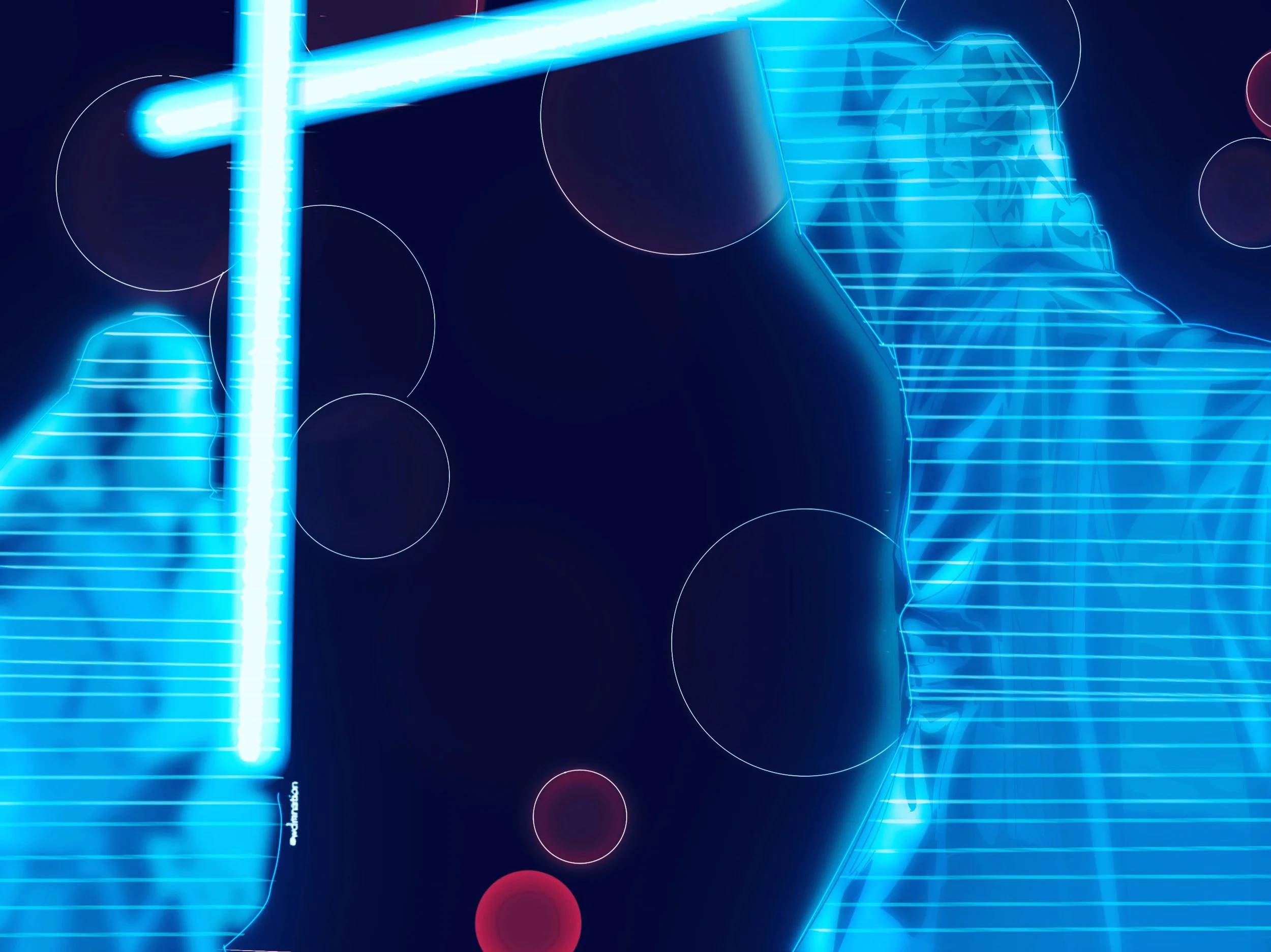 Futuristic digital blue neon outline of a person wearing a hoodie, with abstract circles and grid patterns in the background.