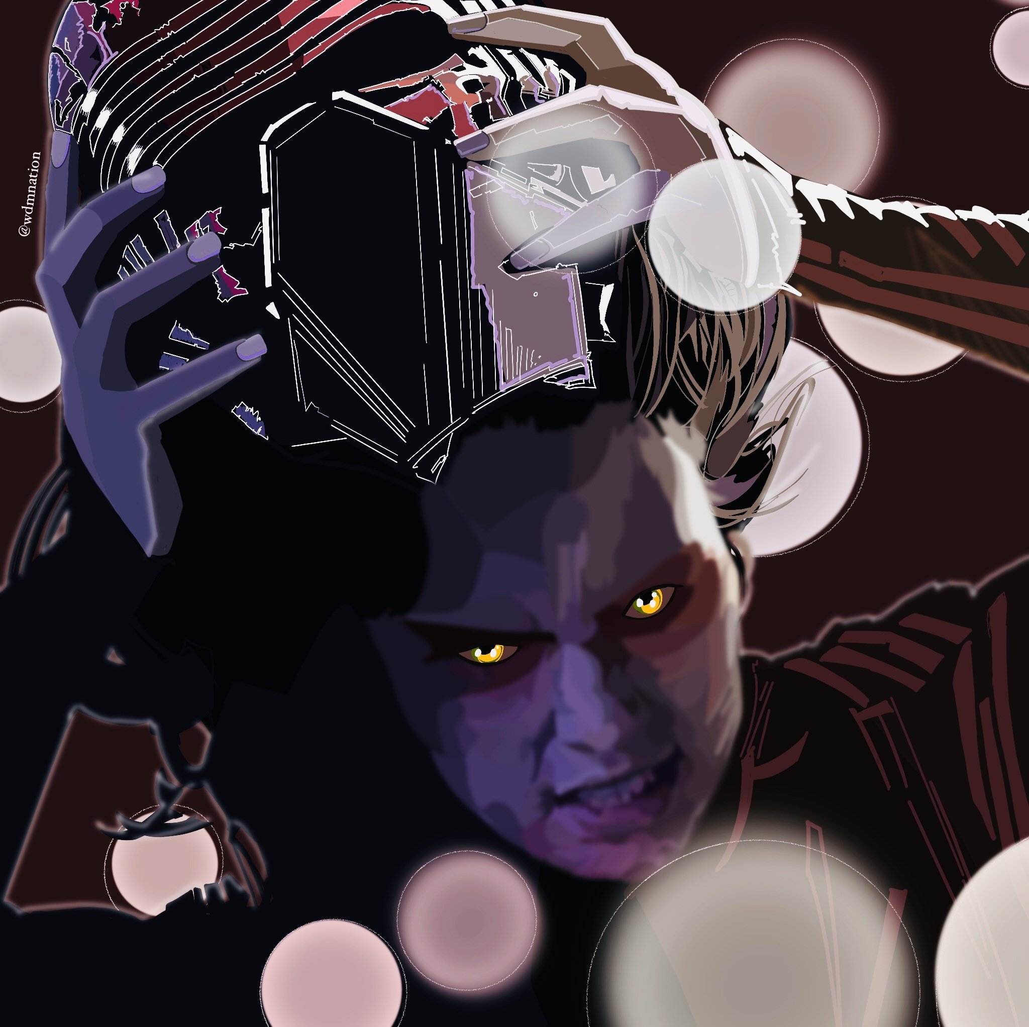 Digital illustration of a person with glowing yellow eyes holding a box to their face, surrounded by circular lights and abstract lines, with a dark background.