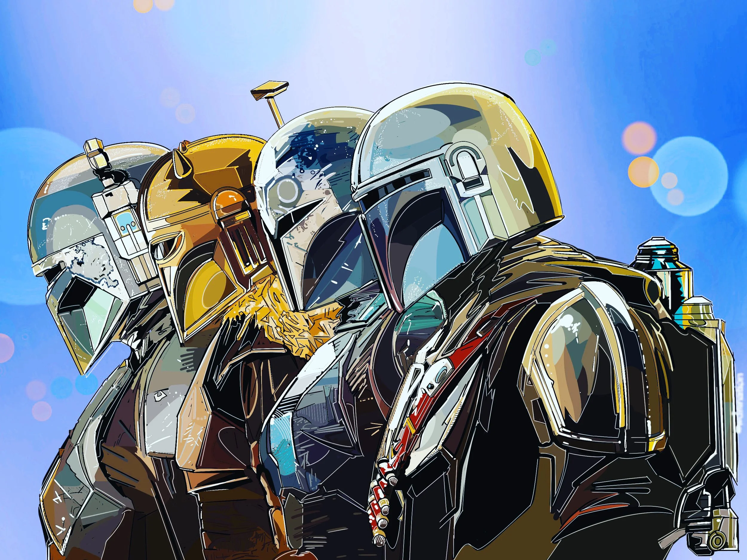 Digital artwork of two Mandalorian figures from Star Wars, wearing helmets and armor, standing close together against a blue sky background with bokeh lights.