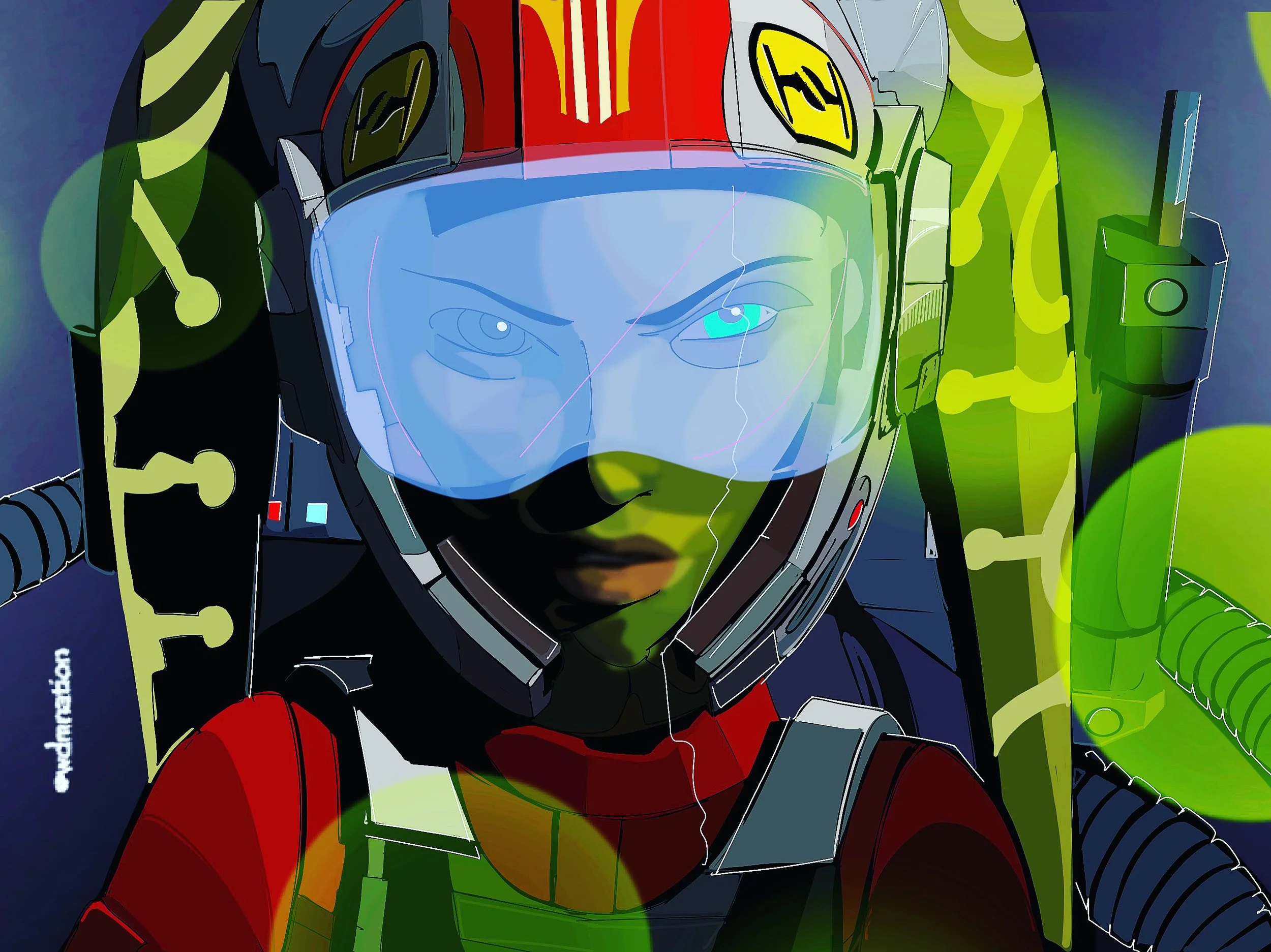 A digital illustration of a female fighter pilot in a helmet with a clear visor, showing her determined face with blue eyes, surrounded by colorful abstract elements.