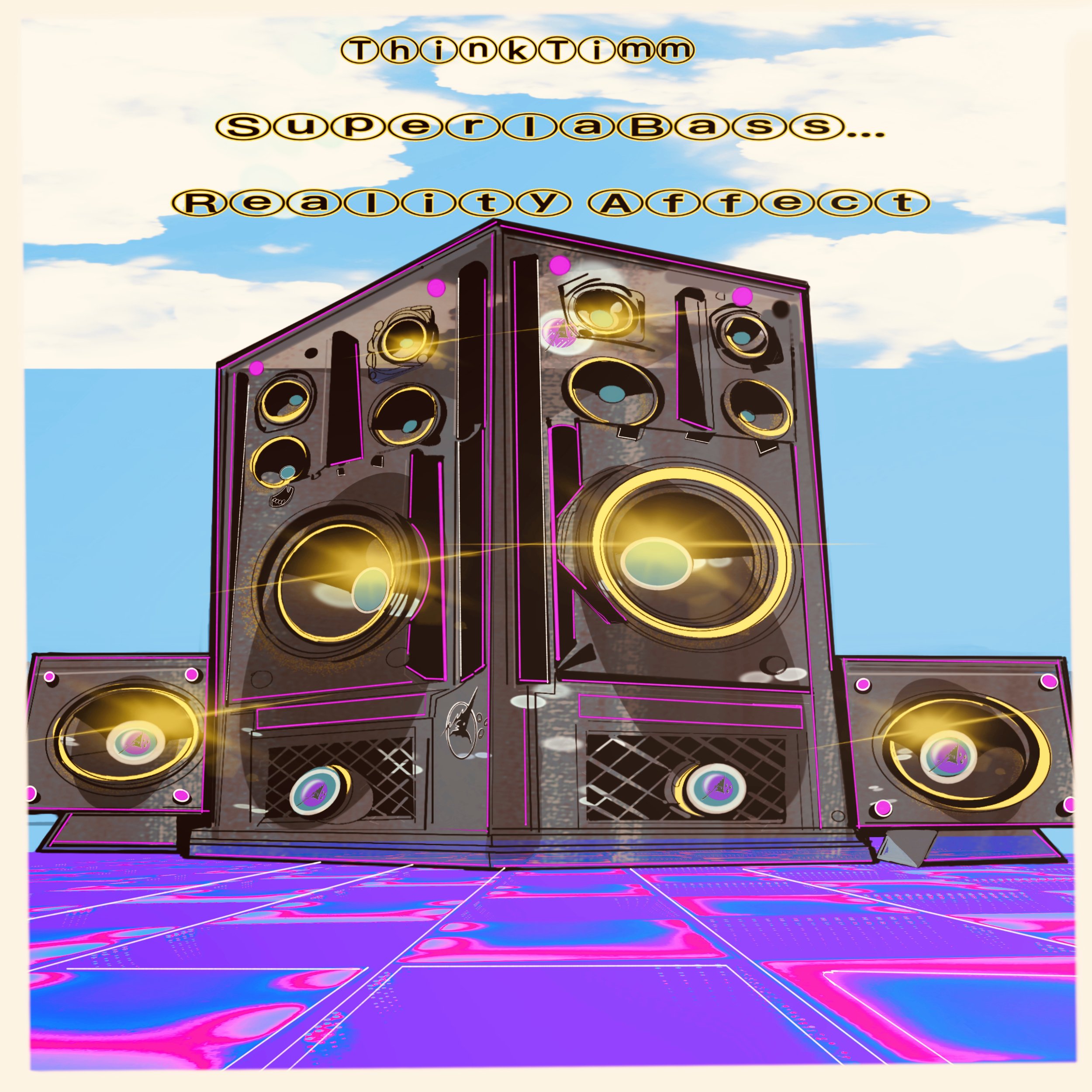 A futuristic digital art display of large, glowing speakers with neon accents against a sky and digital grid background, with stylized text reading "ThinkTimm SuperBass... Reality Affect" at the top.