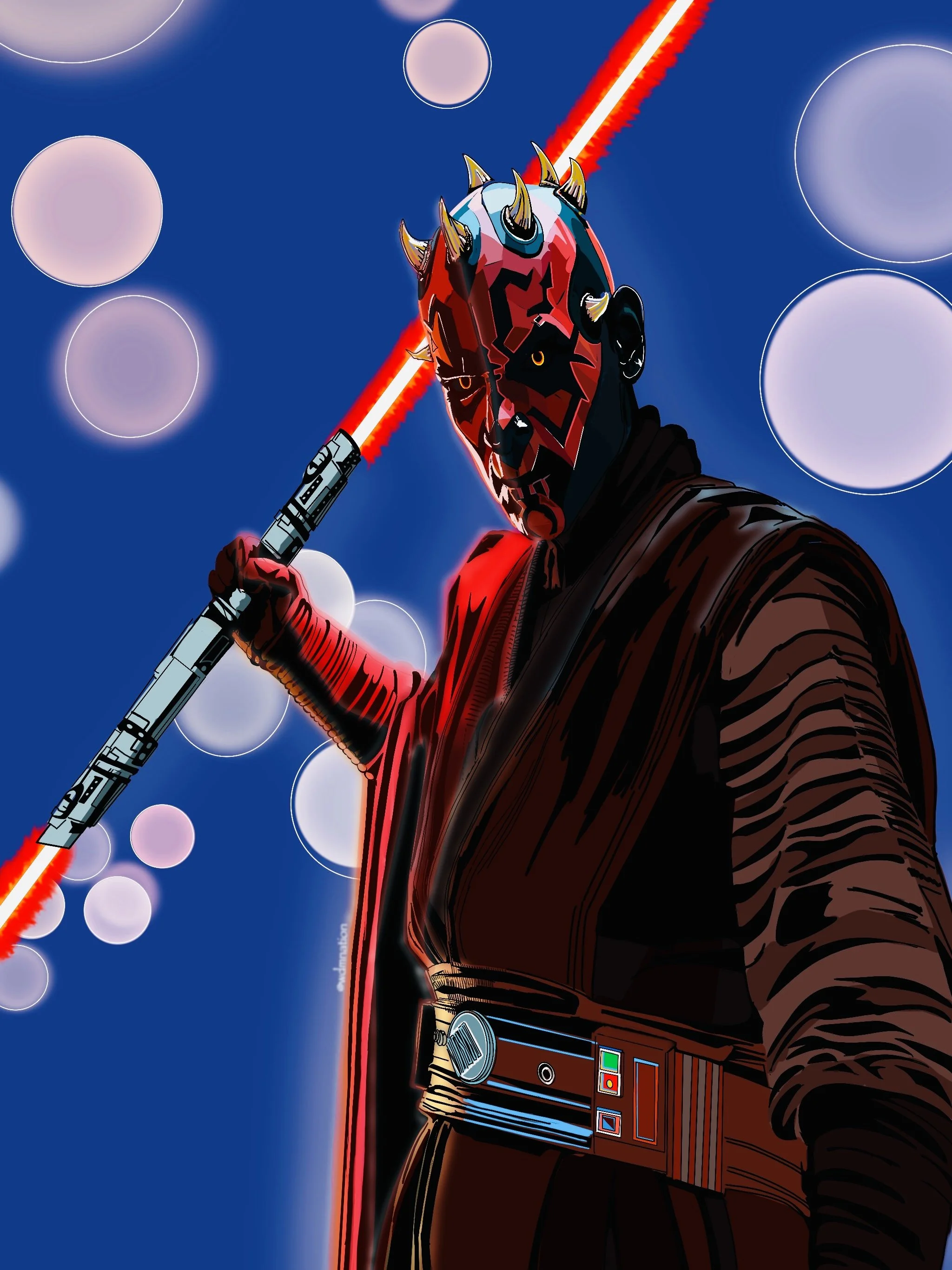 A digital artwork of Darth Maul from Star Wars, holding a double-bladed lightsaber ignited with red blades, against a blue background with white glowing circles.