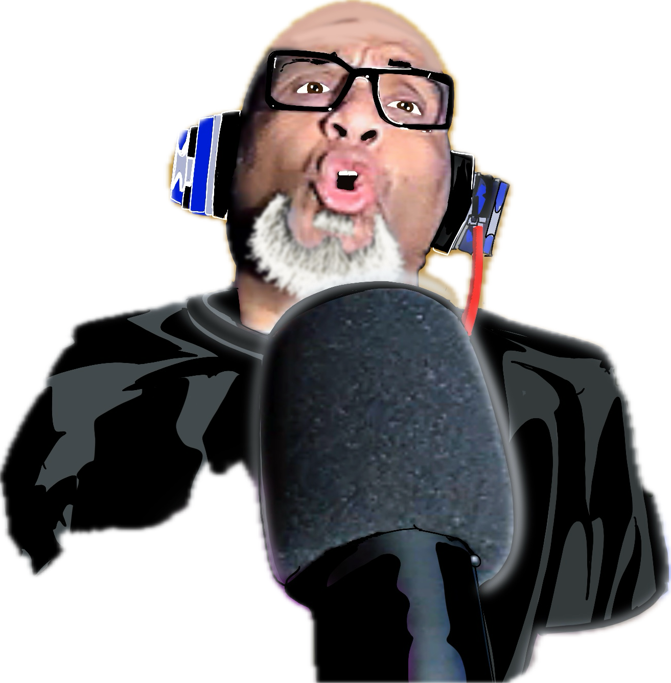 A man with glasses and a beard singing into a microphone with headphones on, wearing a black hoodie.