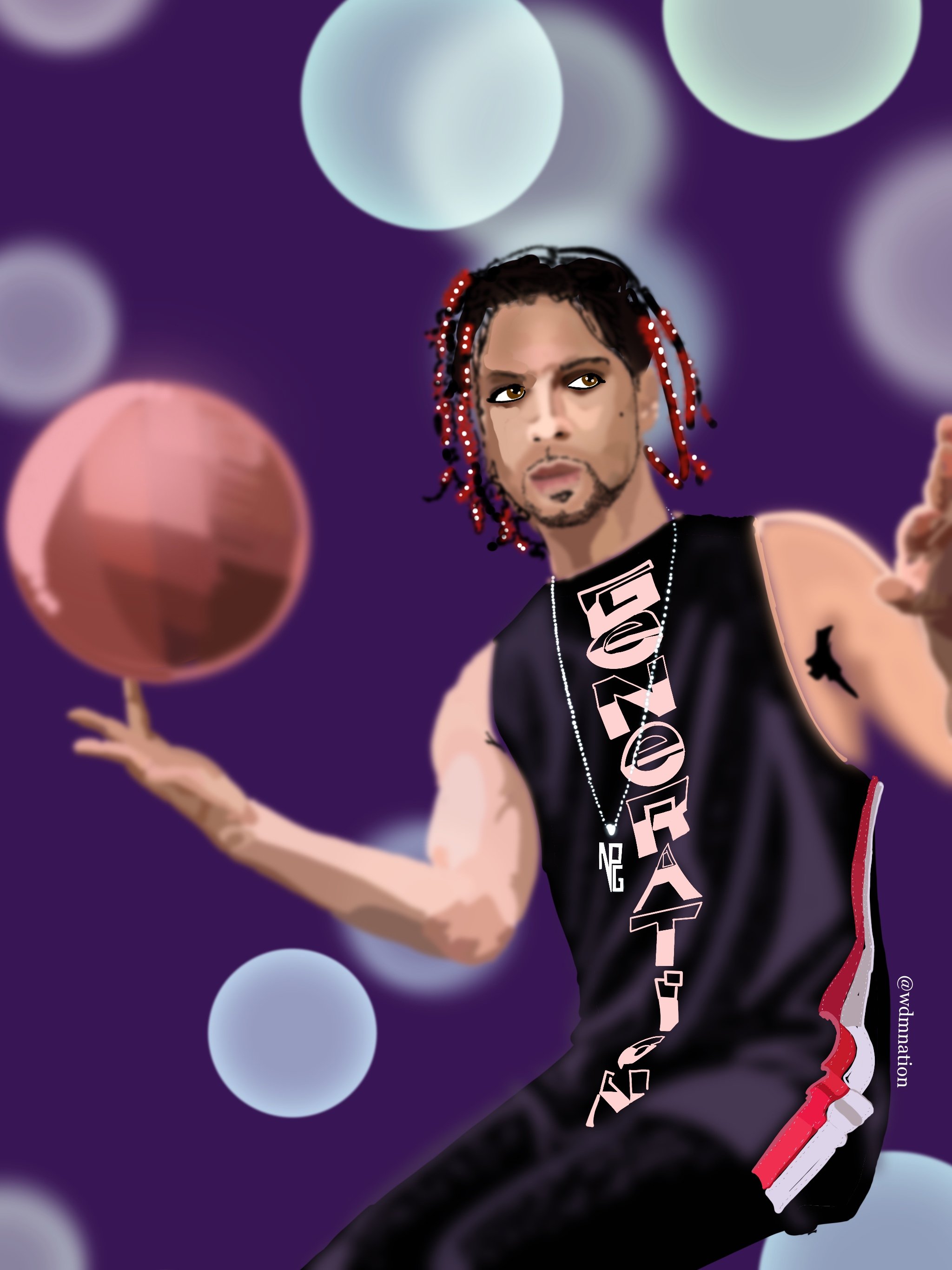 Digital illustration of Prince, wearing a sleeveless shirt and jewelry, holding a basketball against a purple background with colorful bokeh lights.