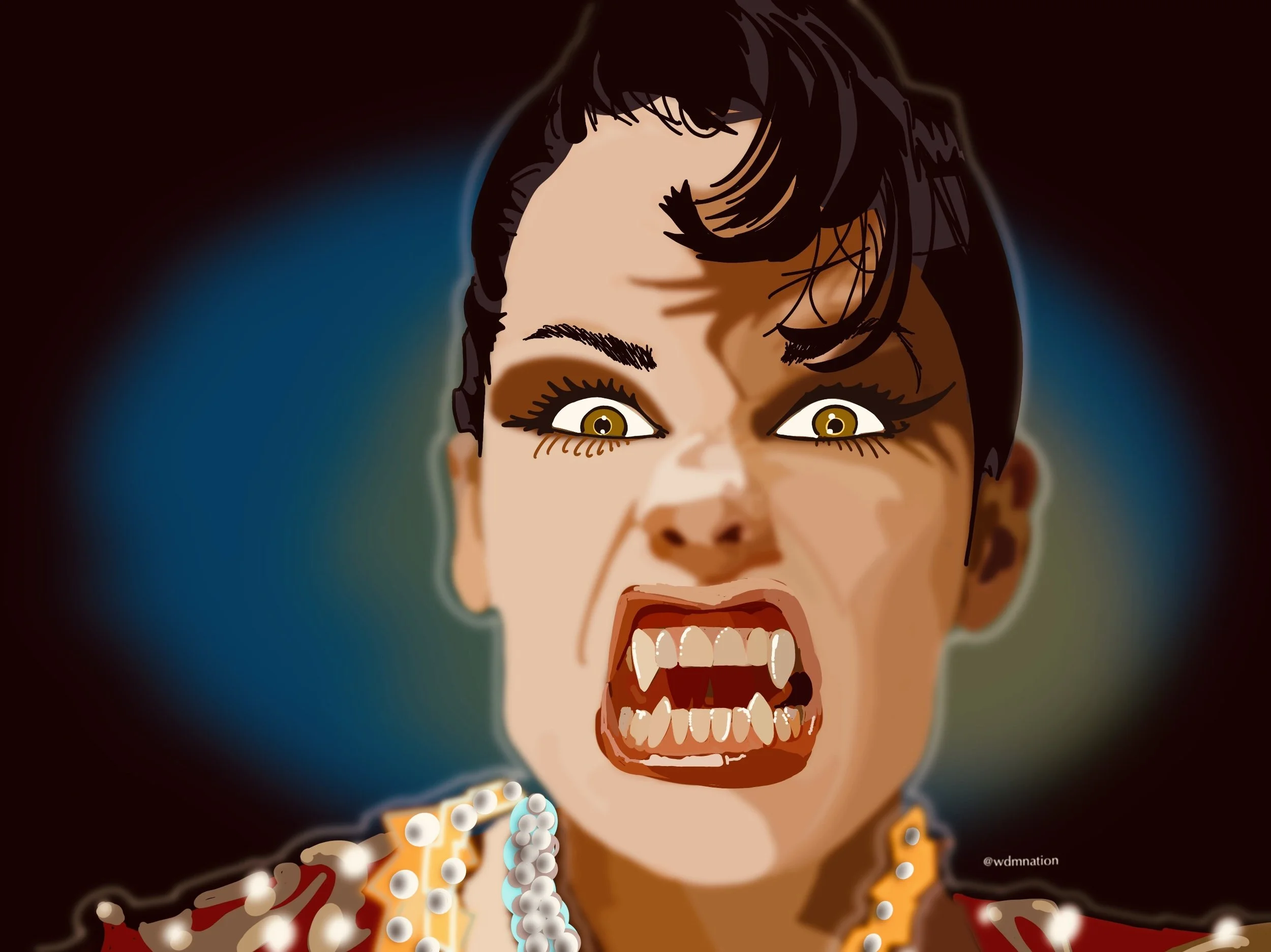 Digital illustration of a woman with short dark hair, angry expression, mouth open showing sharp teeth, surrounded by a dark background with a glowing blue aura.