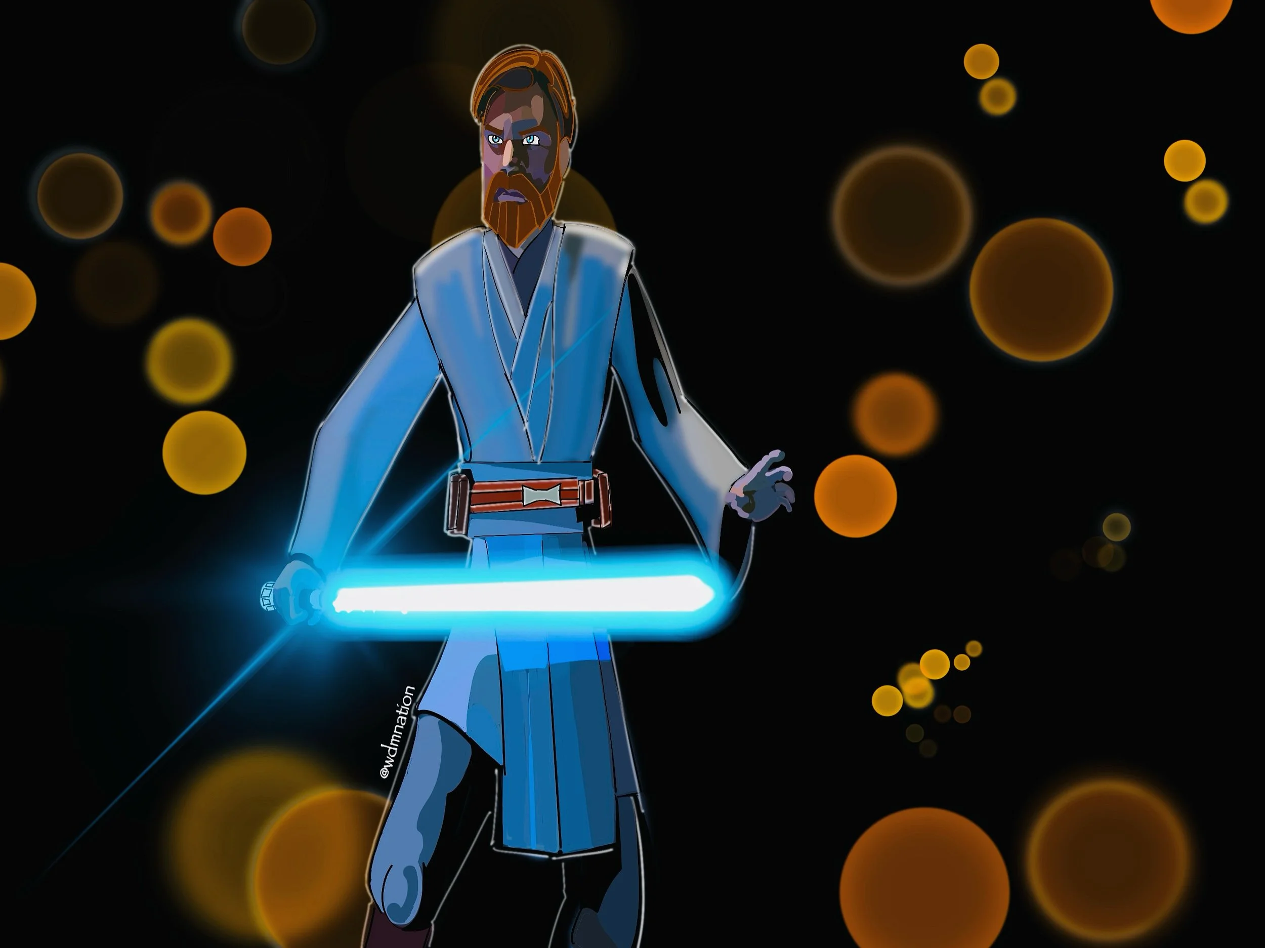 Digital illustration of a male Jedi with a beard, blue lightsaber, and traditional Jedi robes, standing against a black background with orange bokeh lights.