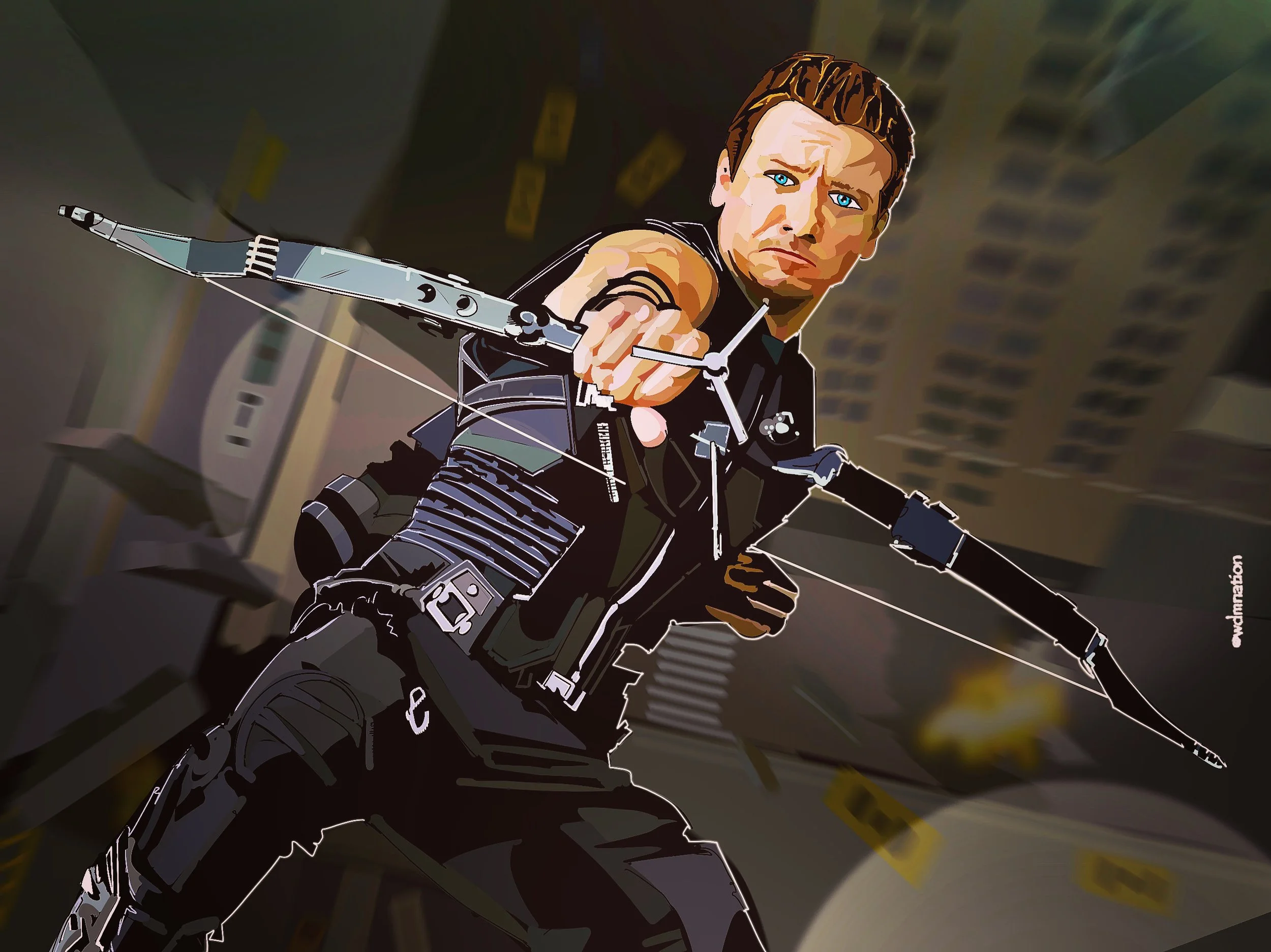 Animated illustration of a man with a bow drawn, aiming forward, set against a modern city background with blurred high-rise buildings.