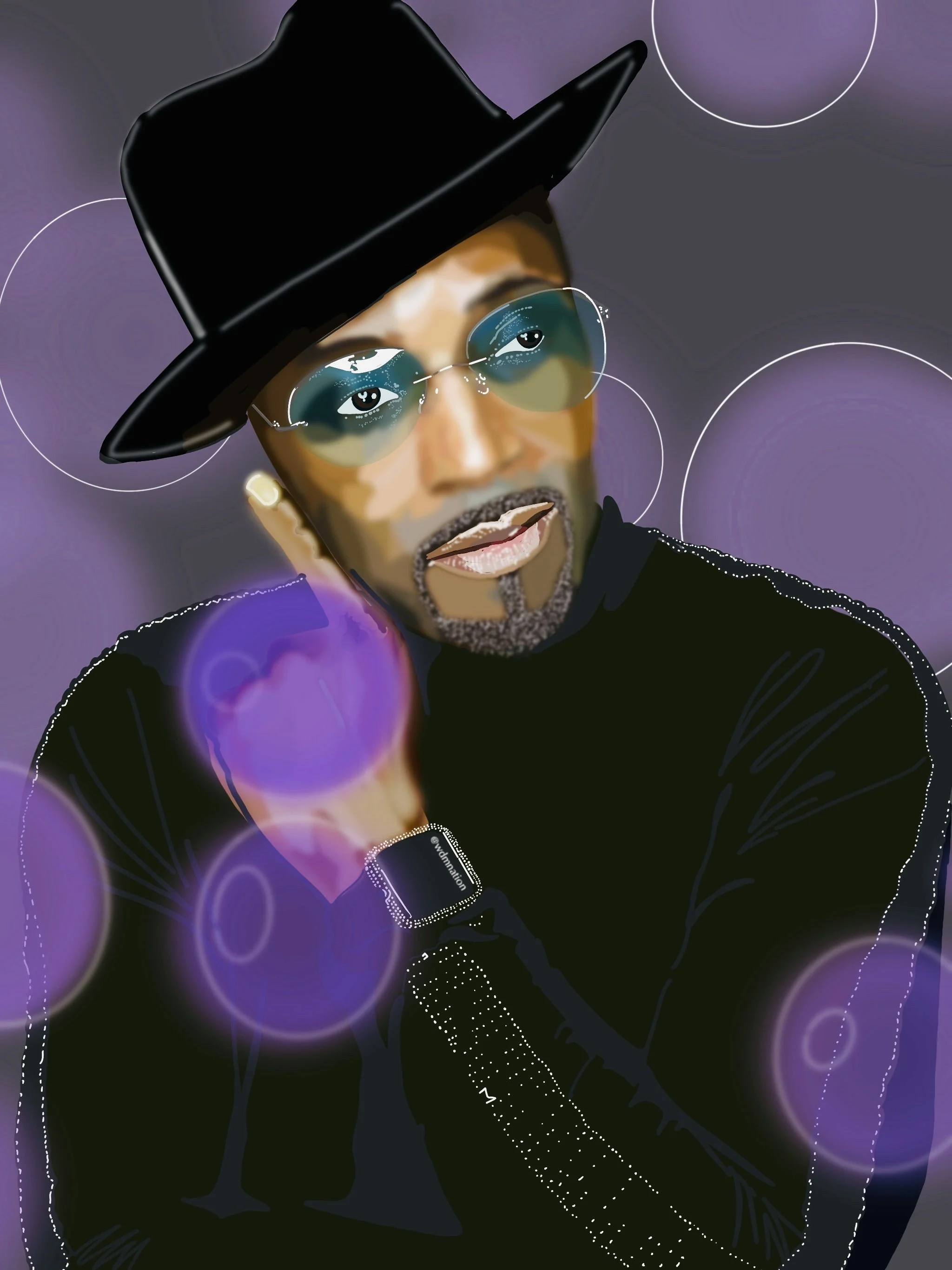 Digital artwork of a man wearing a black cowboy hat, sunglasses, a black turtleneck, and jewelry, set against a purple background with glowing circles and light effects.