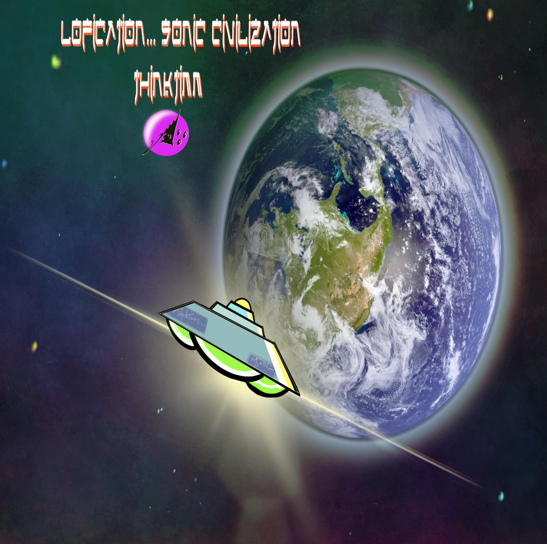 The image features a cartoon-style spaceship flying past Earth in space, with the planet showing North America and South America. There are colorful text elements in the top left corner that read 'Lofication... Sonic Emulation Thinking'. Additionally, there's a purple planet or moon with a lightning bolt symbol next to the text.