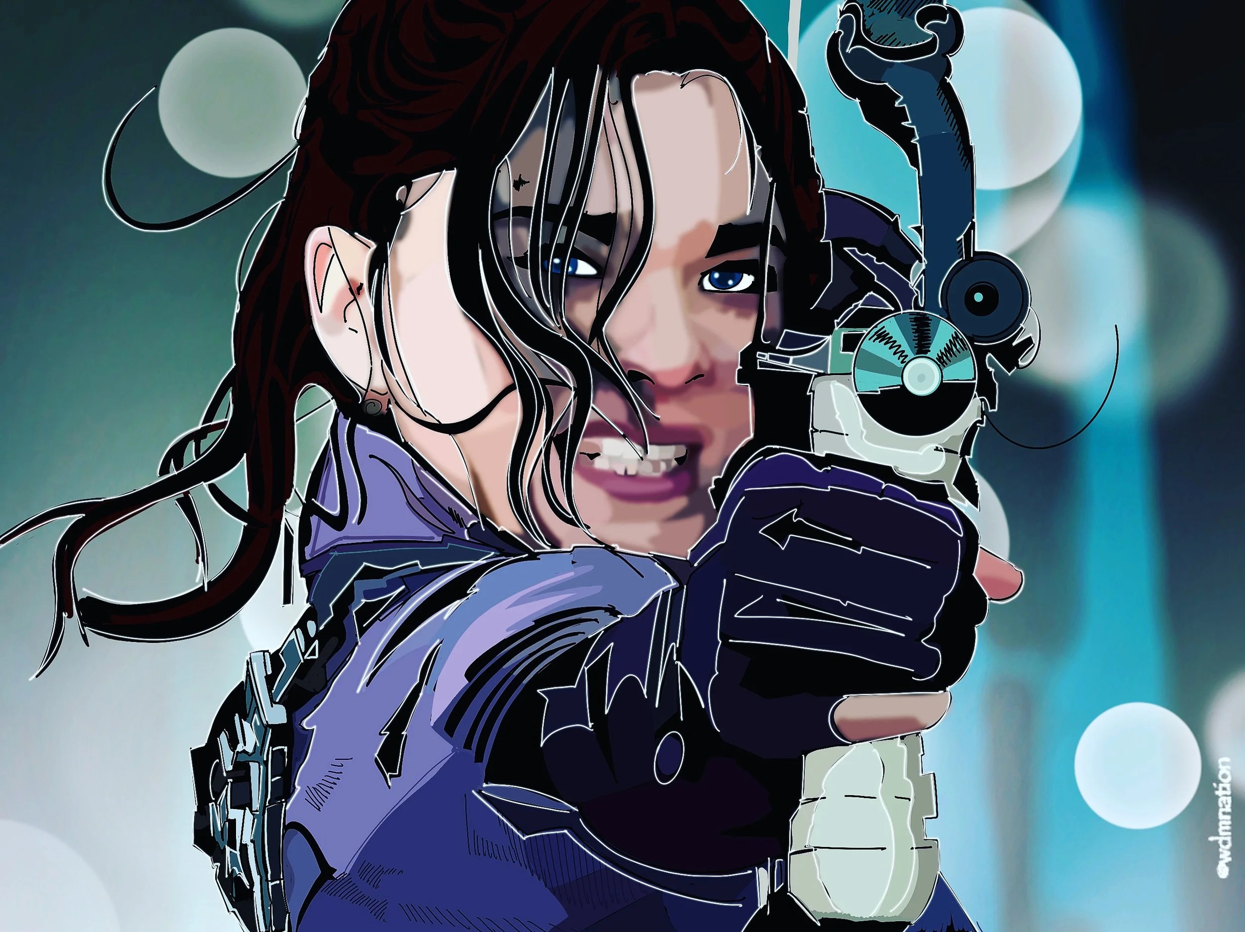 Digital illustration of a woman with dark hair and blue eyes, pointing a gun directly at the viewer, wearing a futuristic or tactical outfit, with a blurred background of circles of light.